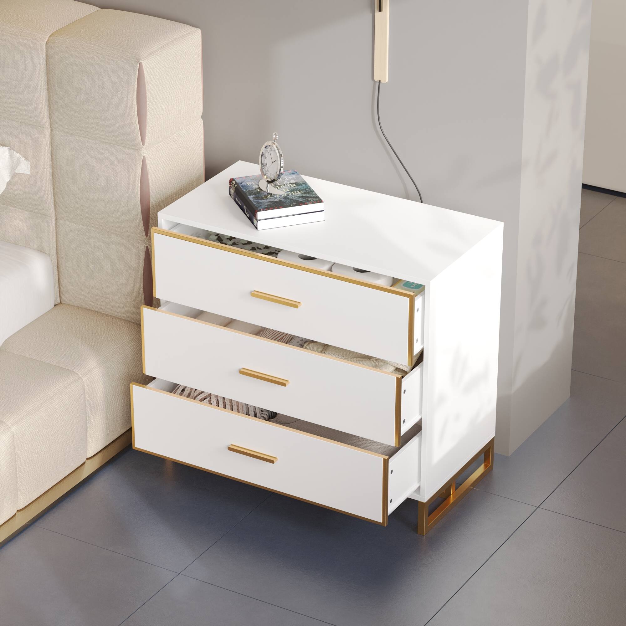 Alt View 5. Famapy - Famapy Modern 3 - Drawer Nightstand: Sleek Storage for Bedroom & Living Area - White.
