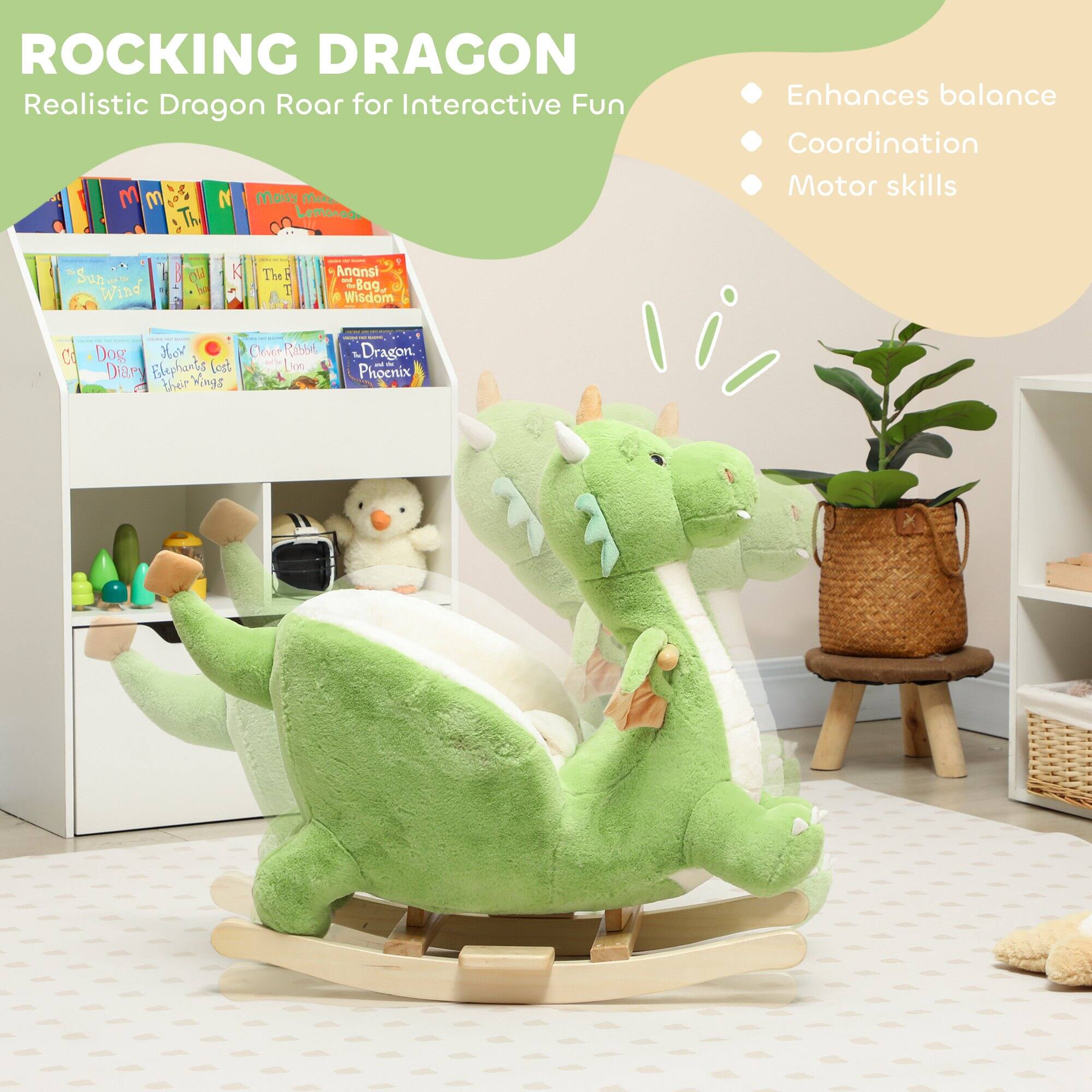 ROCKING DRAGON  
Realistic Dragon Roar for Interactive Fun

- Enhances balance
- Coordination
- Motor skills

Books on the shelf:
- "The B. Wind"
- "Anansi the Bog Wisdom Ct"
- "Dog"
- "Diam"
- "Elephants lost their Wings"
- "Cuier Risbi"
- "Lion"
- "Dragon - Phoenix"