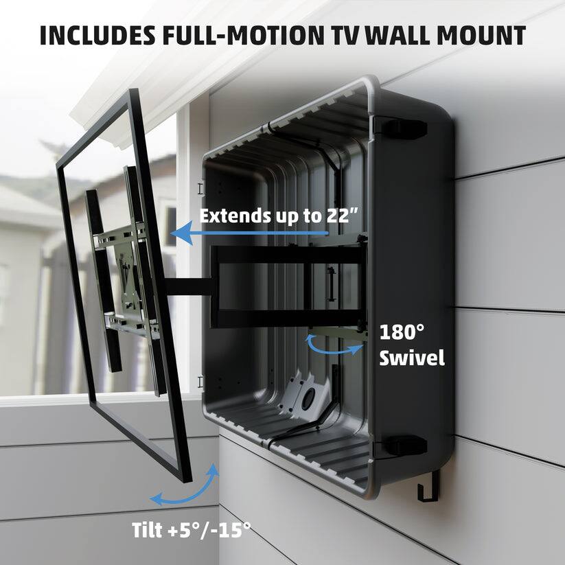INCLUDES FULL-MOTION TV WALL MOUNT

- Extends up to 22"
- 180° Swivel
- Tilt +5°/-15°