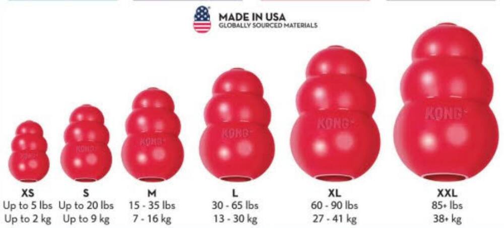 MADE IN USA GLOBALLY SOURCED MATERIALS

KONG

XS
Up to 5 lbs
Up to 2 kg

S
Up to 20 lbs
Up to 9 kg

M
15 - 35 lbs
7 - 16 kg

L
30 - 65 lbs
13 - 30 kg

XL
60 - 90 lbs
27 - 41 kg

XXL
85+ lbs
38+ kg