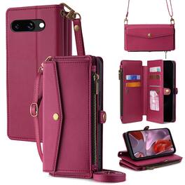 Dteck - Crossbody Wallet Case for Google Pixel 9a with Zipper Purse, Shockproof Protective Cover with Kickstand - Red