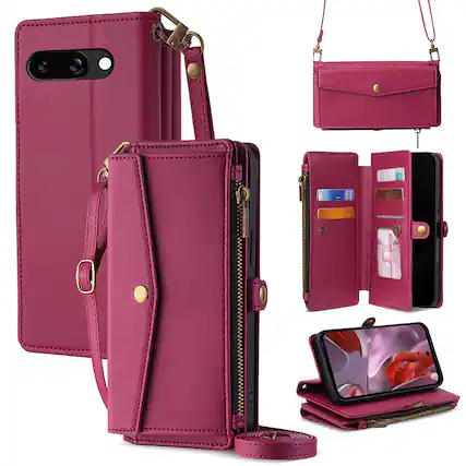 Front. Dteck - Crossbody Wallet Case for Google Pixel 9a with Zipper Purse, Shockproof Protective Cover with Kickstand - Red.