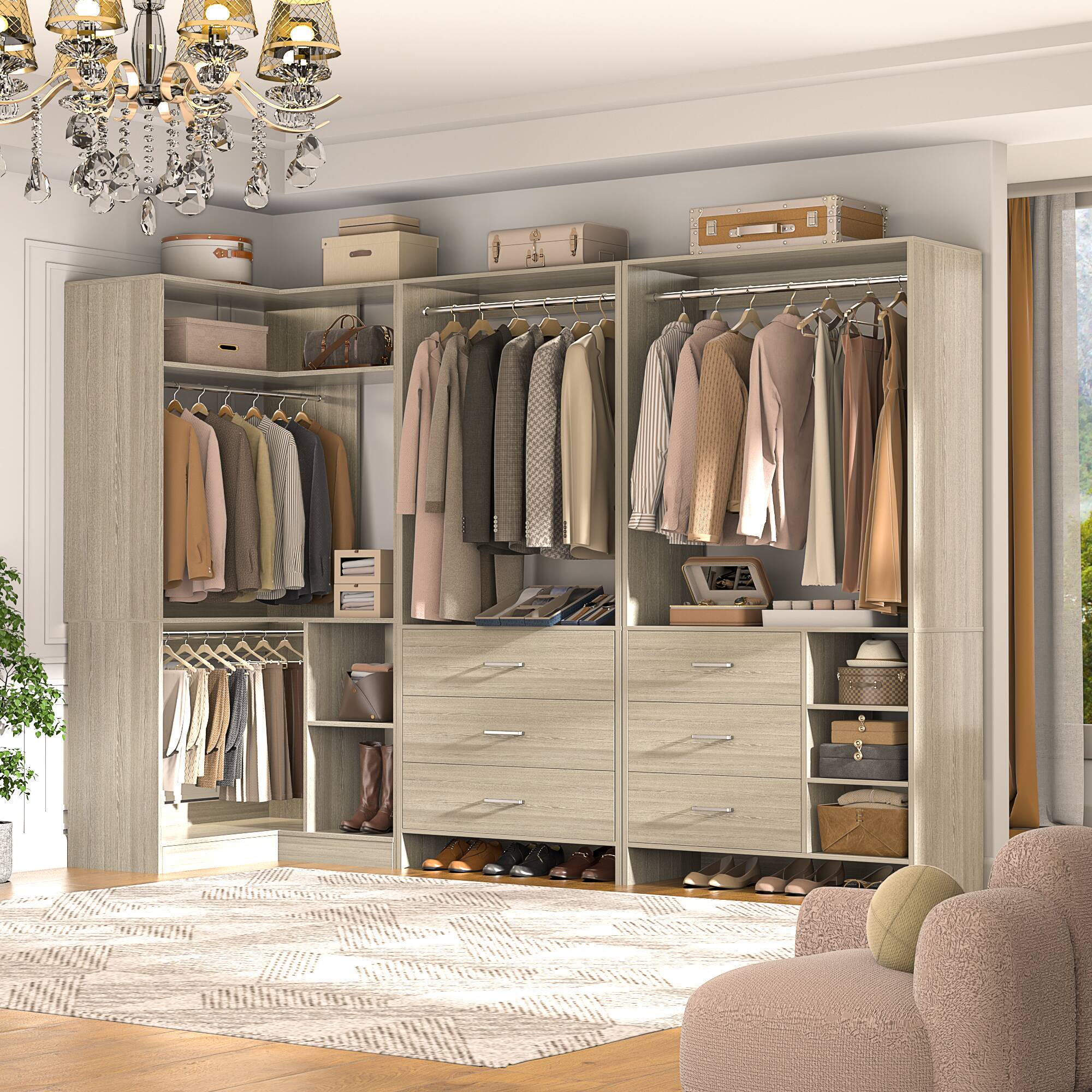 Alt View 6. Aheaplus - L Shaped Closet System with 4 Drawers, 4 Hanging Rods, and Corner Tower, 80.9'' Corner Wardrobe System, Reversible - Beige Oak.