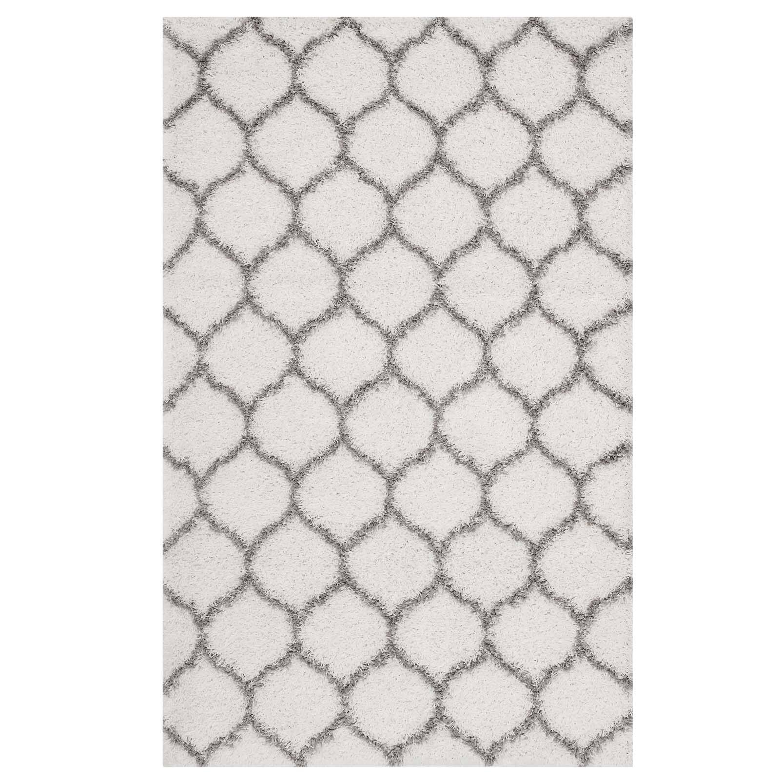 Angle. Modway - Solvea Moroccan Trellis Shag Area Rug - Ivory and Gray.
