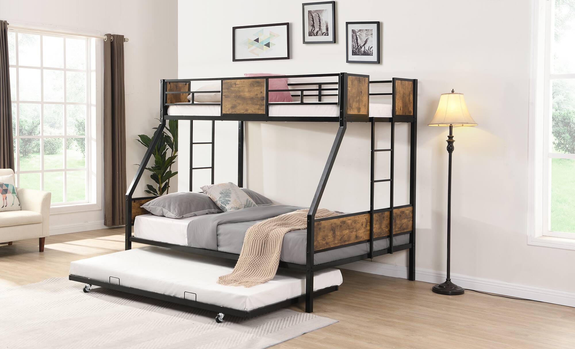 Back. Trinkets Crazed - Twin Over Full Metal Bunk Bed with Trundle, 2 Ladders and Full-Length Guardrail, No Box Spring Needed - Black.