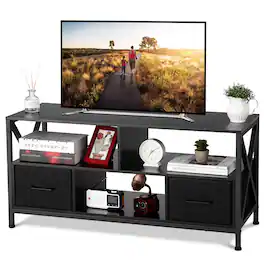 Acekool - Mid-Century Modern TV Stand for TVs up to 65 inches, Entertainment Console with Sliding Doors - Black
