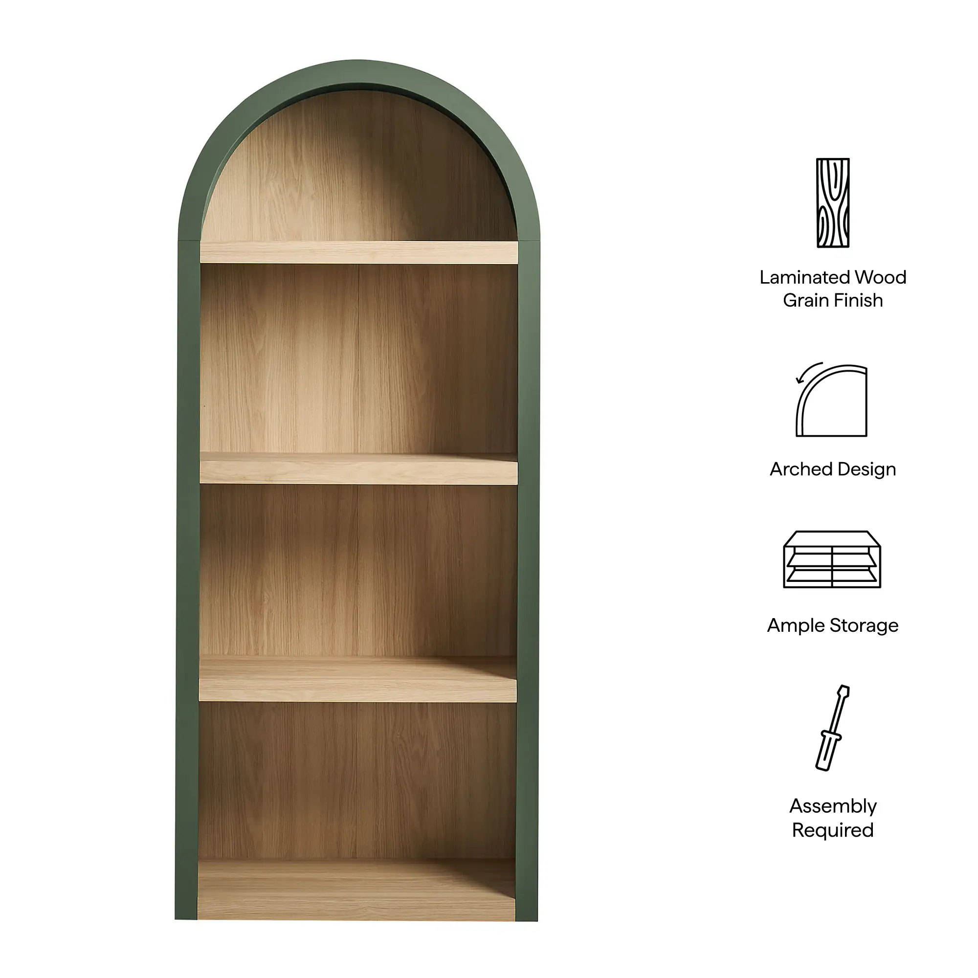 Laminated Wood Grain Finish  
Arched Design  
Ample Storage  
Assembly Required