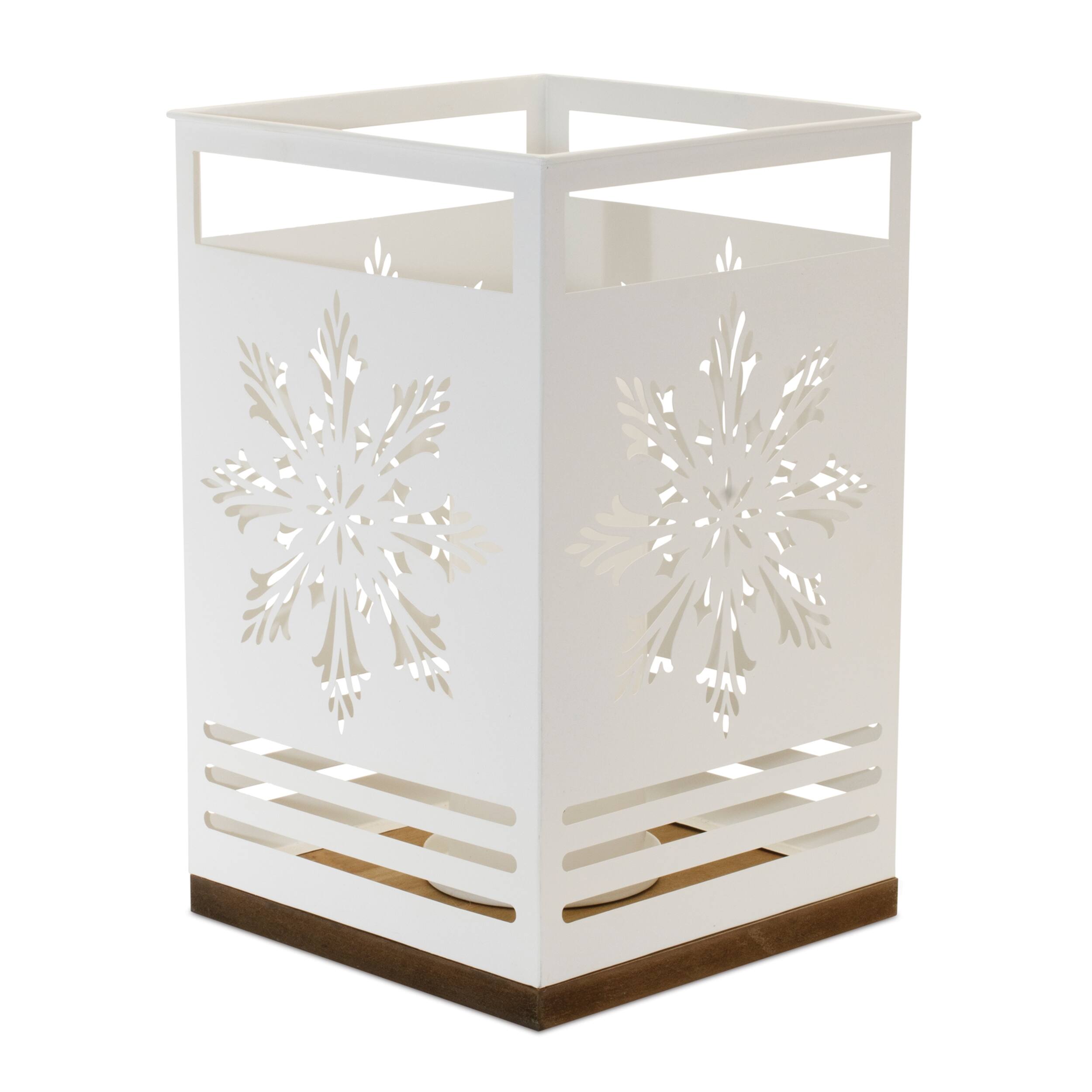 Angle. BreeBe - Snowflake Cut-Out Metal Candle Holder (Set of 2) - White, Brown.