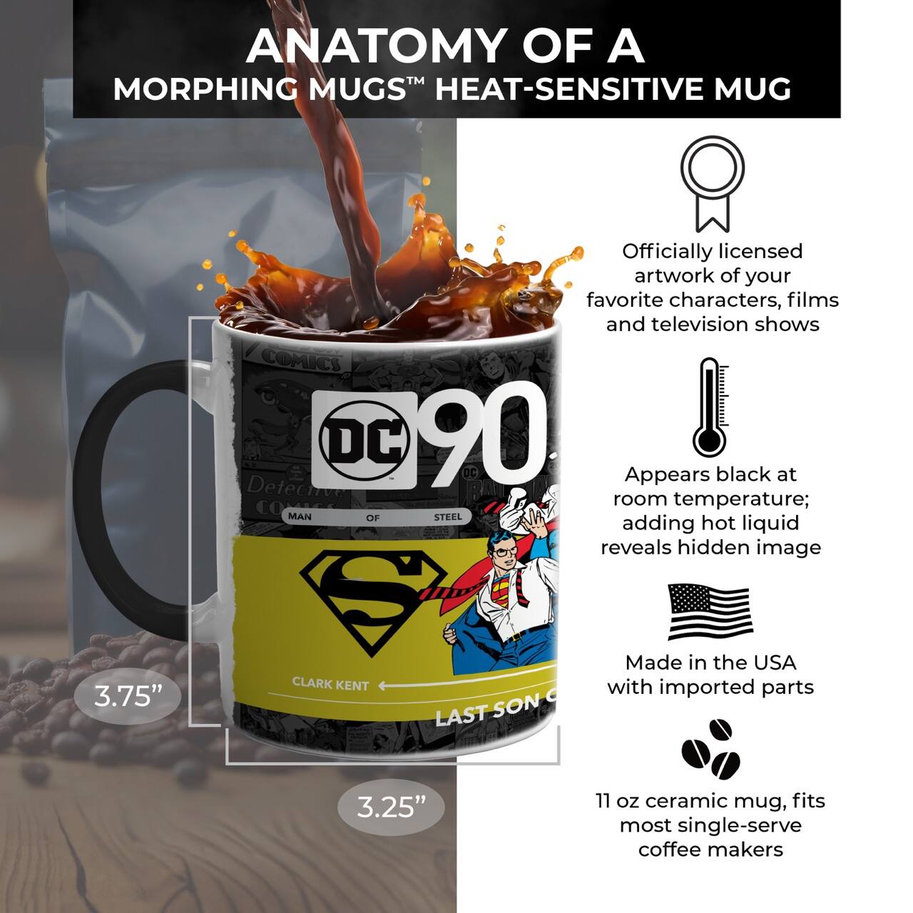 **ANATOMY OF A MORPHING MUGS™ HEAT-SENSITIVE MUG**

- Officially licensed artwork of your favorite characters, films, and television shows
- Appears black at room temperature; adding hot liquid reveals hidden image
- Made in the USA with imported parts
- 11 oz ceramic mug, fits most single-serve coffee makers

**DC 90**

- 3.75" height
- 3.25" width

**CLARK KENT**
**LAST SON OF Krypton**