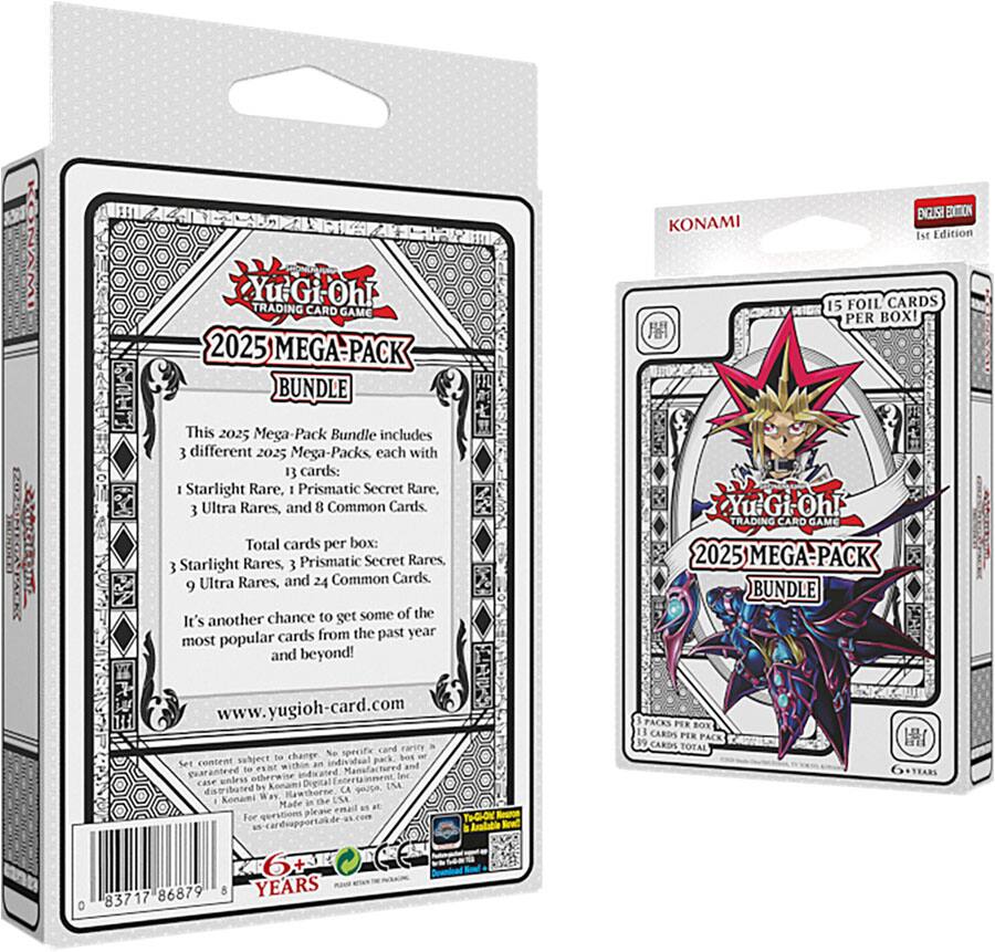 KONAMI Yu-Gi-Oh! TRADING CARD GAME 2025 MEGA-PACK BUNDLE  
KONAMI ENGUSE EXTCN 1st Edition  
15 FOIL CARDS PER BOX!  

This 2025 Mega-Pack Bundle includes 3 different 2025 Mega-Packs, each with:  
- 1 Starlight Rare  
- 1 Prismatic Secret Rare  
- 3 Ultra Rares  
- 8 Common Cards  

Total cards per box:  
- 3 Starlight Rares  
- 3 Prismatic Secret Rares  
- 9 Ultra Rares  
- 24 Common Cards  

It's another chance to get some of the most popular cards from the past year and beyond!  

www.yugioh-card.com  

No specific card content is guaranteed. Set content is subject to change. No specific card rarity is guaranteed unless otherwise stated.  

For inquiries, please email at: us-cardsupport@konami.com  

6+ YEARS  

11 CARDS PER PACK  
19 CARDS TOTAL  

83717 86879