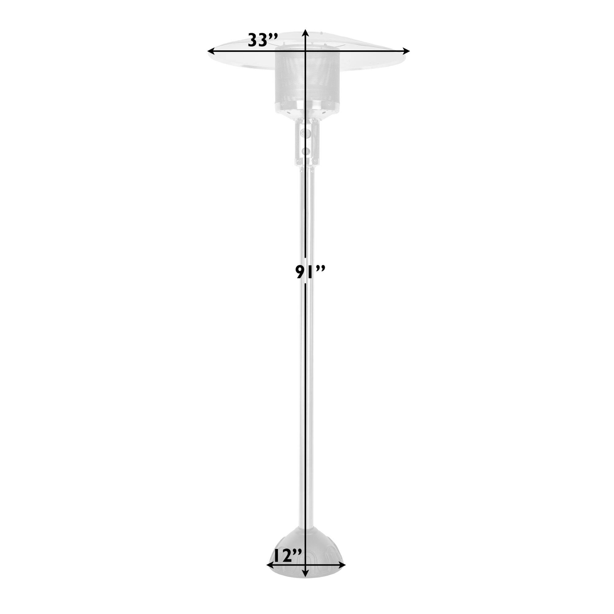 The image shows a pole with a 33" measurement and a 91" measurement. The pole is also described as being 12" tall.