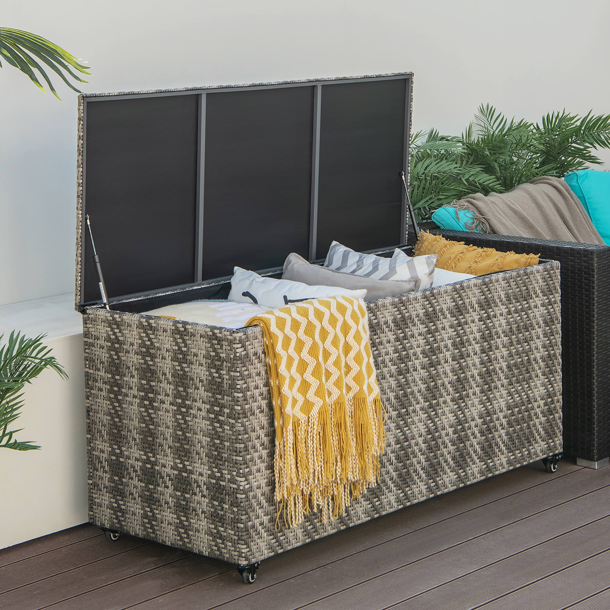 Alt View 1. Costway - Costway 96 Gallon Patio Rattan Storage Deck Box Container Garden Liner Wheels - Mix Grey.