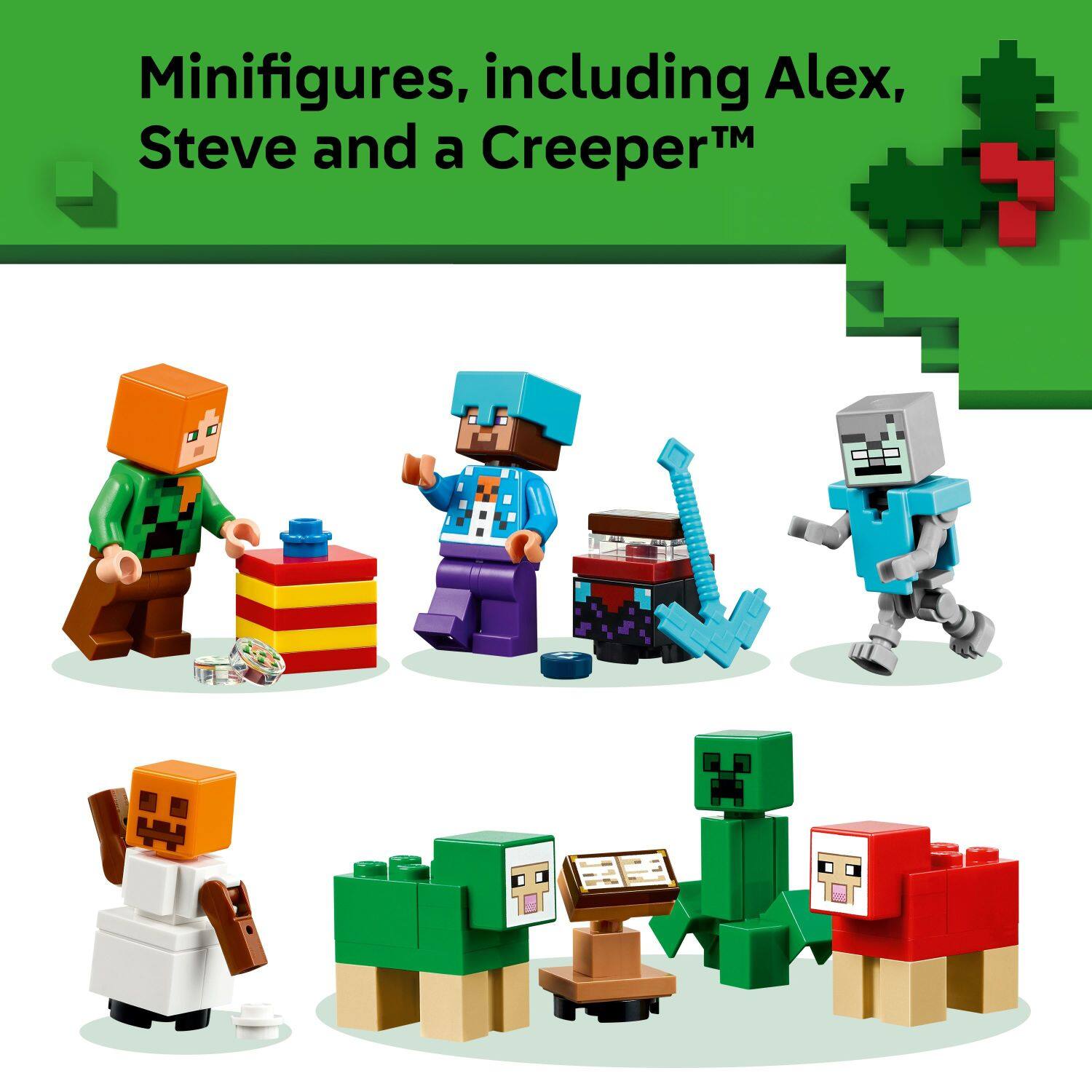 Minifigures, including Alex, Steve and a Creeper™