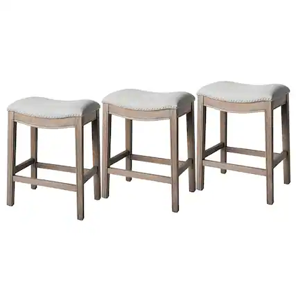 Front. Maven Lane - Maven Lane Adrien Saddle Counter Stool in Reclaimed Oak Finish with Ash Grey Fabric Upholstery, Set of 3 - Reclaimed Oak.