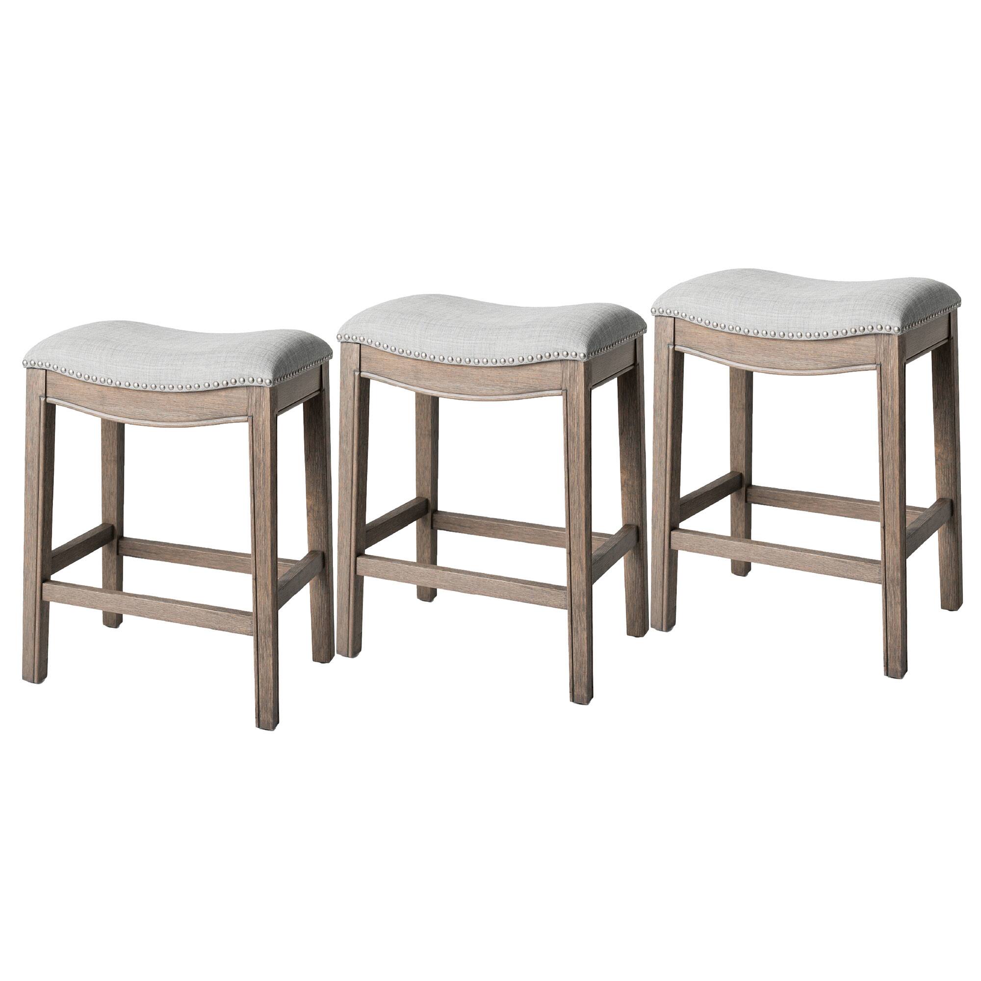 Maven Lane - Adrien Saddle Counter Stool Finish with Ash Grey Fabric Upholstery, Set of 3 - Reclaimed Oak