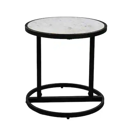 Front. Manhattan Lane - Beri 18 Inch Side End Table, Round White Natural Marble Top, Classic Slim Black Iron Frame - Black, White.