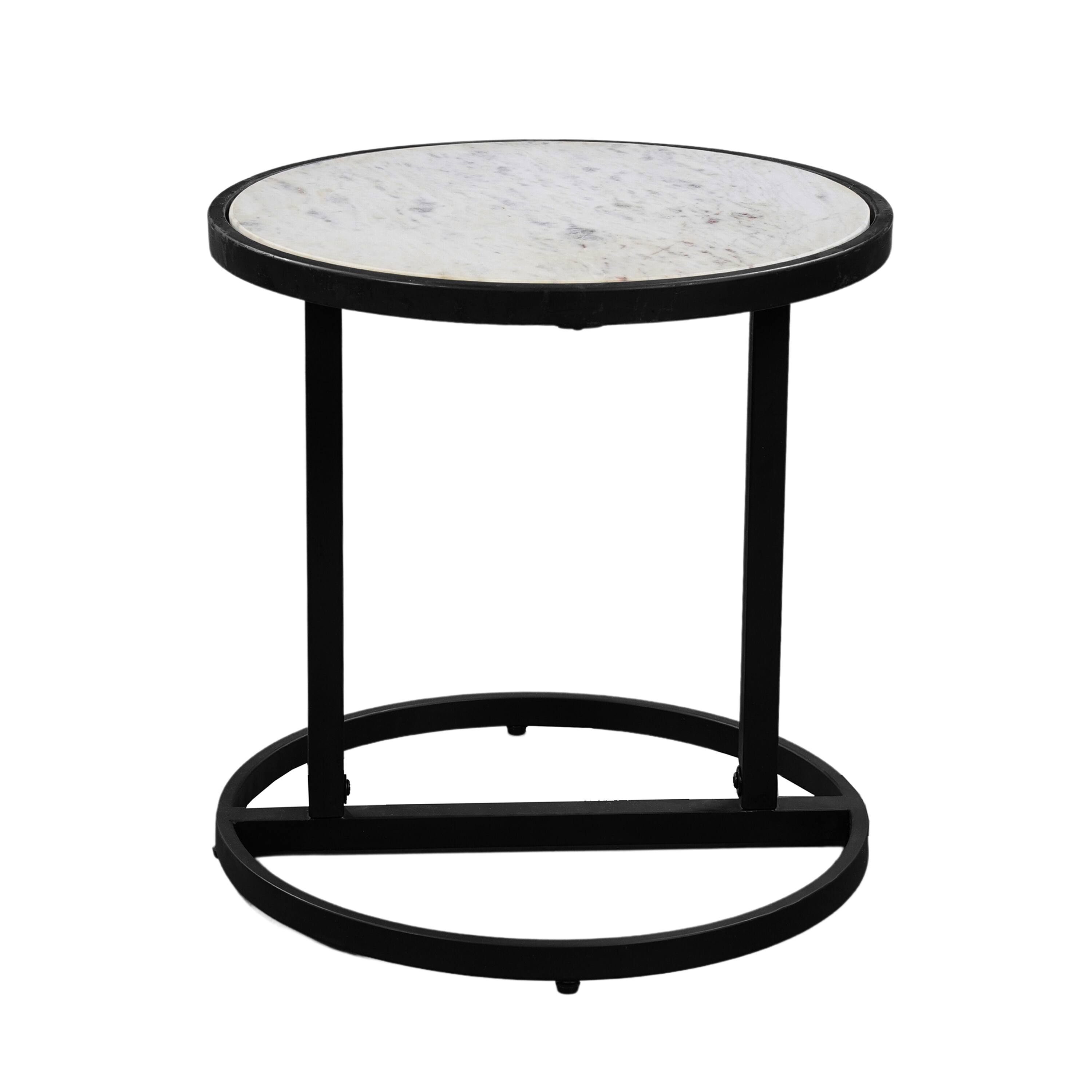 Manhattan Lane - Beri 18 Inch Side End Table, Round White Natural Marble Top, Classic Slim Black Iron Frame - Black, White
