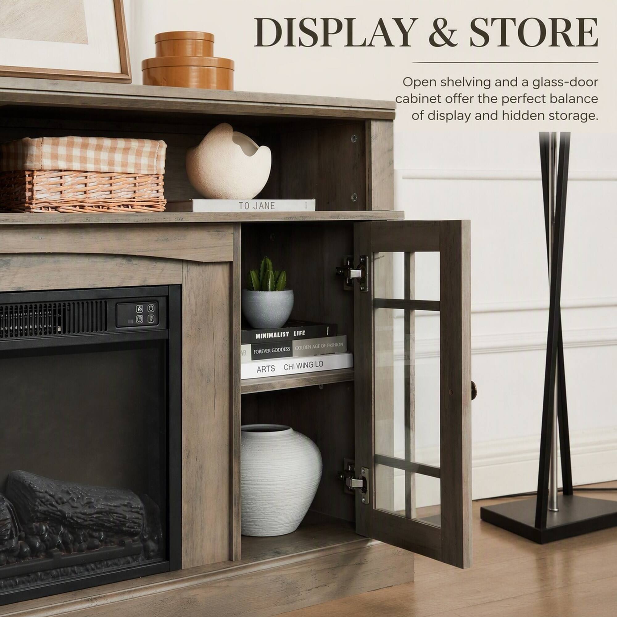 DISPLAY & STORE  
Open shelving and a glass-door cabinet offer the perfect balance of display and hidden storage.  

TO JANE  
MINIMALIST LIFE  
COLDEN AGE OF FASHION  
FOREVER GODDESS  
CHI WING LO  
ARTS