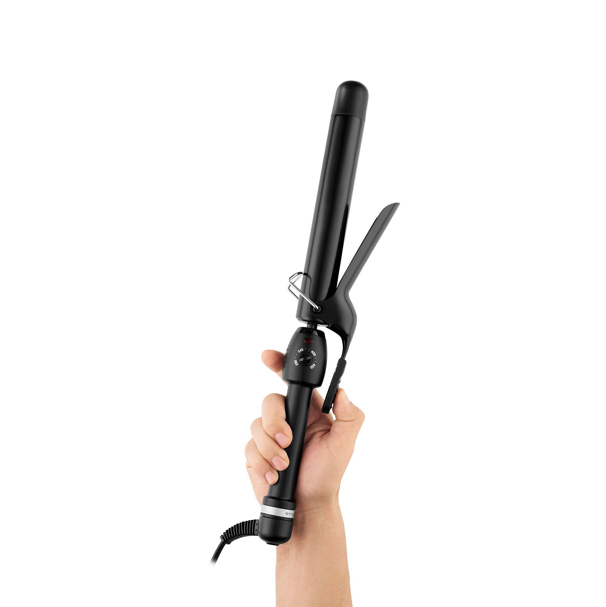 Left. StyleCraft - Stay-Temp Black Gold Ceramic Extended Barrel Curling Iron (1-1/4 inch) - Black.