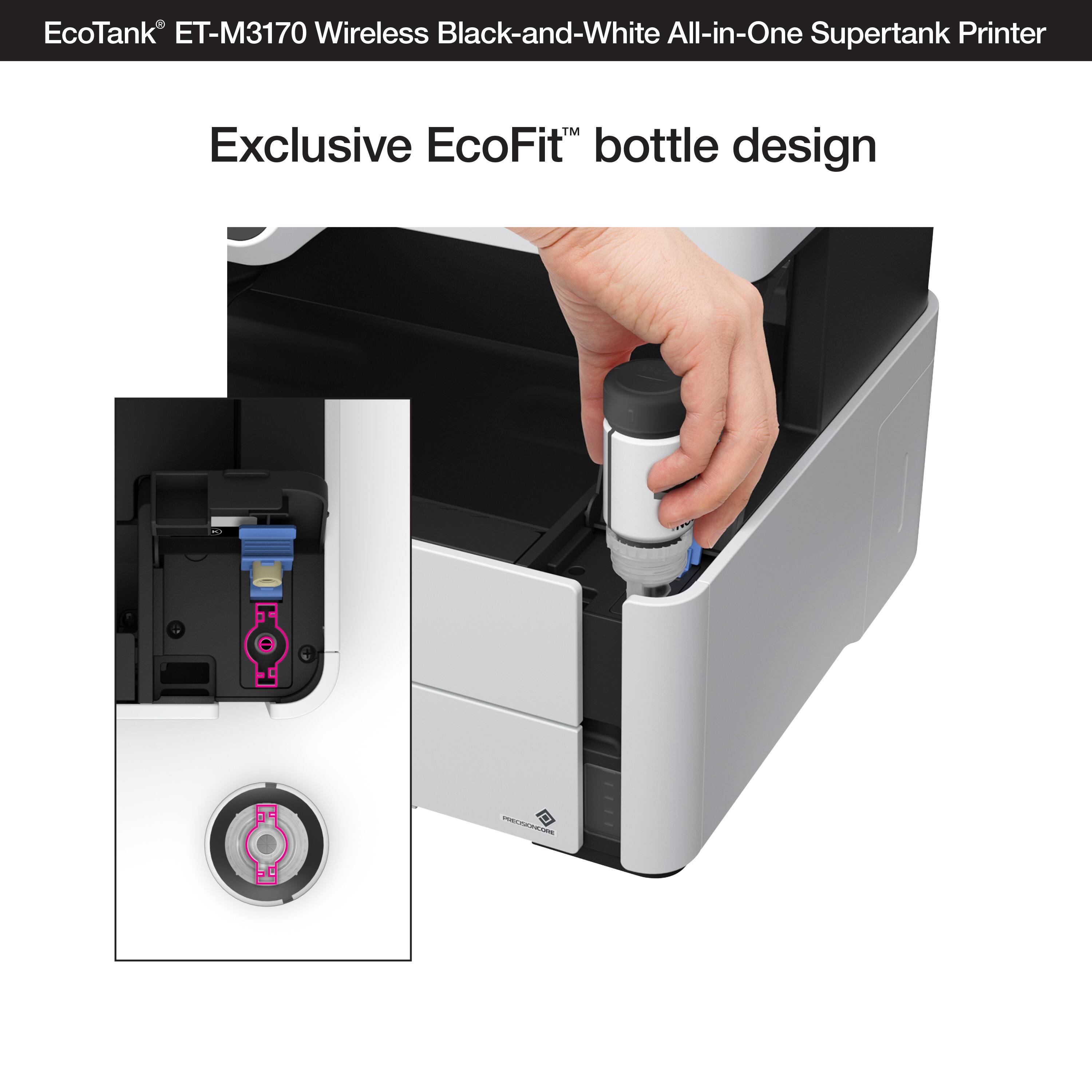 EcoTank ET-M3170 Wireless Black-and-White All-in-One Supertank Printer Exclusive EcoFit bottle design.