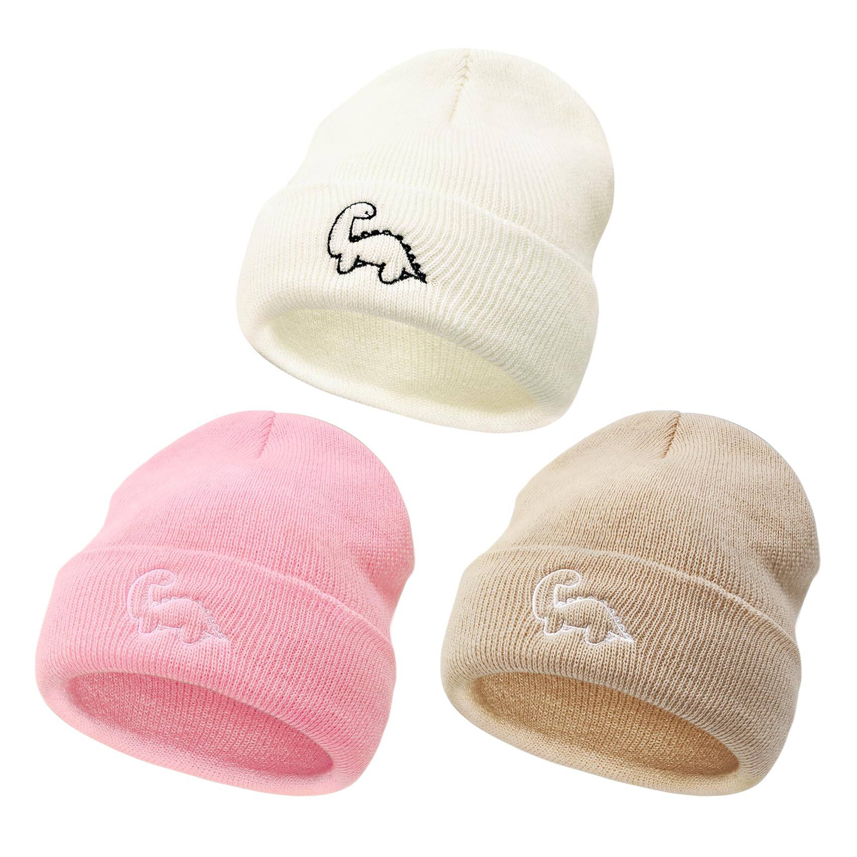 Front. Stylel Star - 3 Pack Unisex Beanie Cute Pattern Winter Hat For Warm Caps Preemie Hats 0-3 Years QUALITY SOFT MATERIAL: Thisbeanie is m - Khaki & Pink & White-One Size.