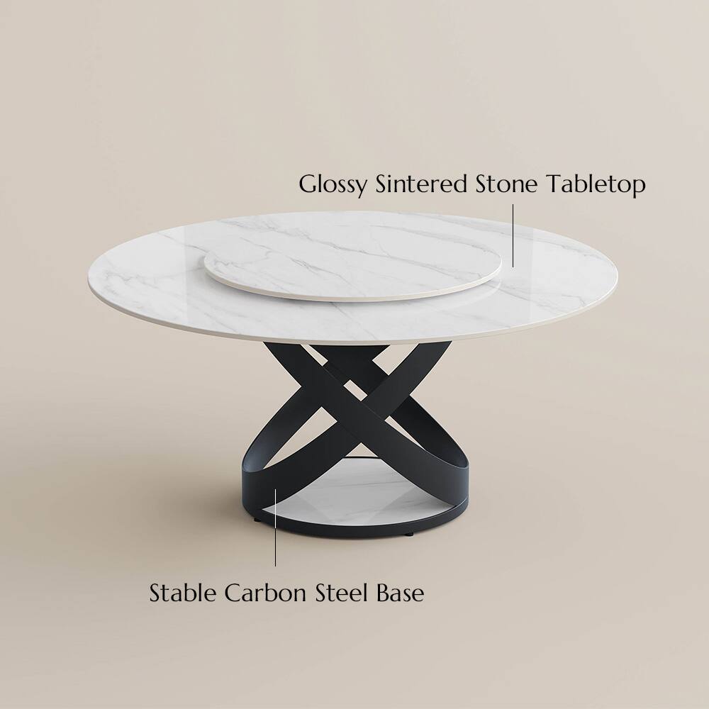 Glossy Sintered Stone Tabletop  
Stable Carbon Steel Base