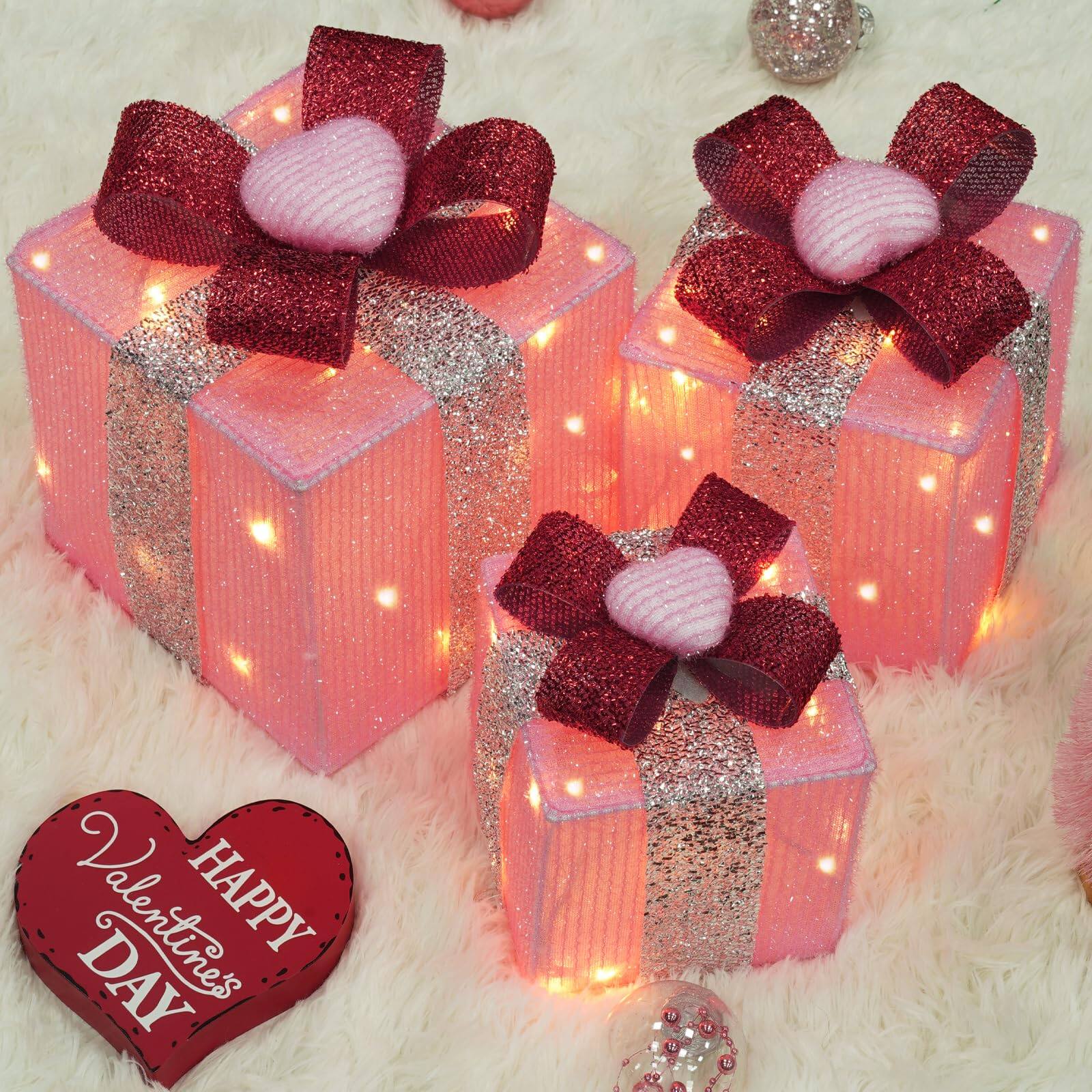 Stylel Star - Set Of 3 Christmas Lighted Gift Boxes 60 Led Light Up Present For Decorations Indoor Outdoor Yard Xmas Tree - Pink Heart