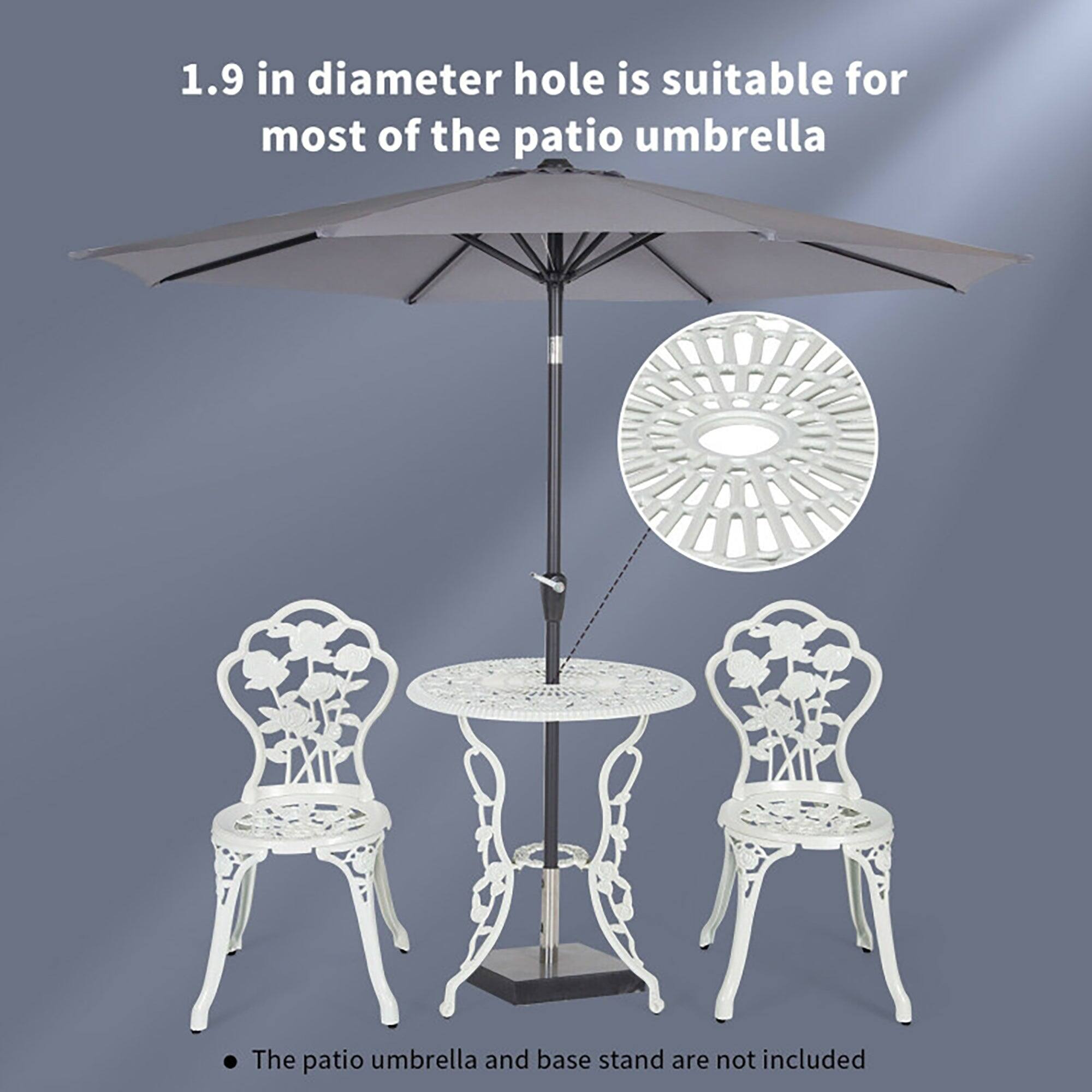 1.9 in diameter hole is suitable for most of the patio umbrella

The patio umbrella and base stand are not included