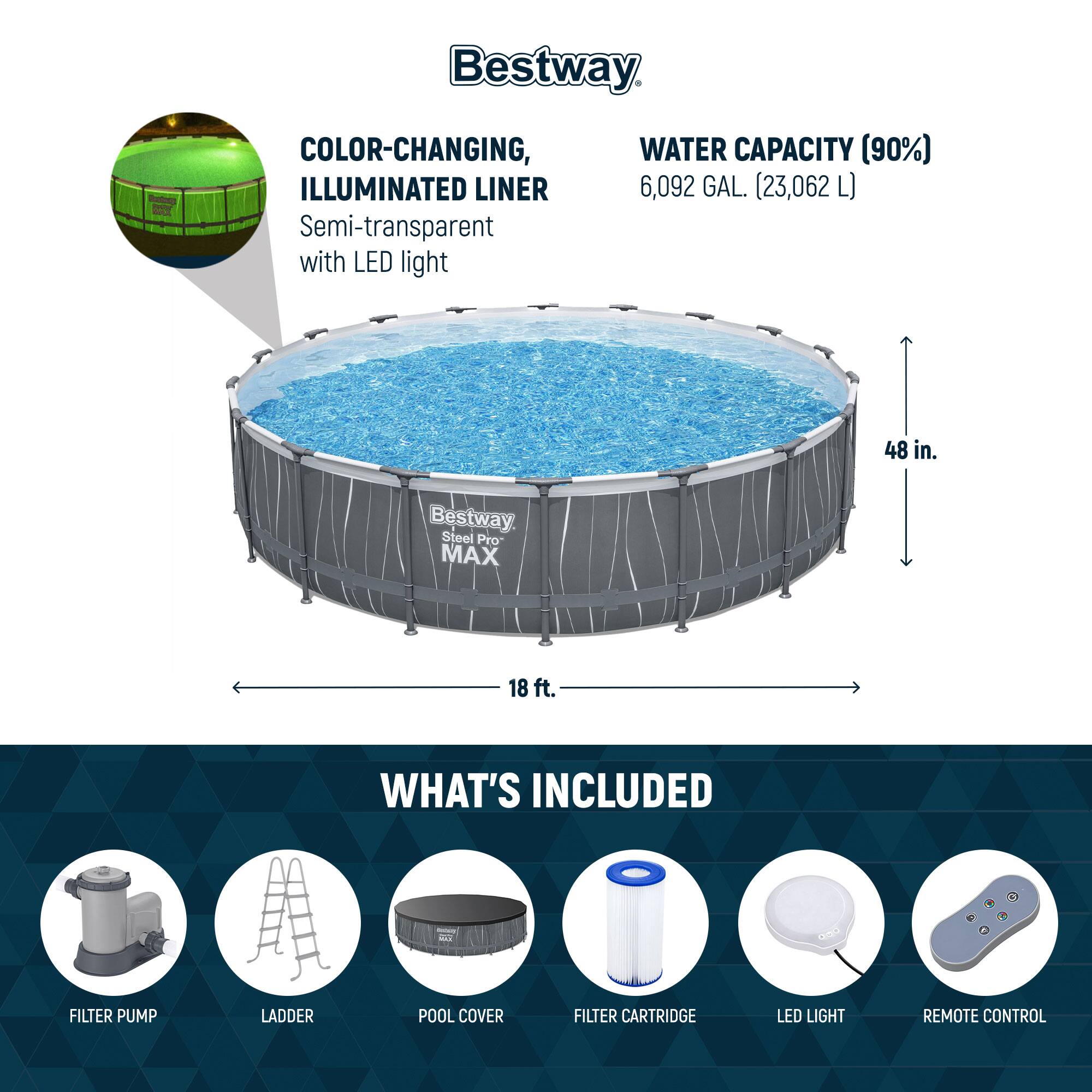Bestway Steel Pro MAX

COLOR-CHANGING, ILLUMINATED LINER
Semi-transparent with LED light

WATER CAPACITY (90%)
6,092 GAL. (23,062 L)

48 in.
18 ft.

WHAT'S INCLUDED
- FILTER PUMP
- LADDER
- POOL COVER
- FILTER CARTRIDGE
- LED LIGHT
- REMOTE CONTROL