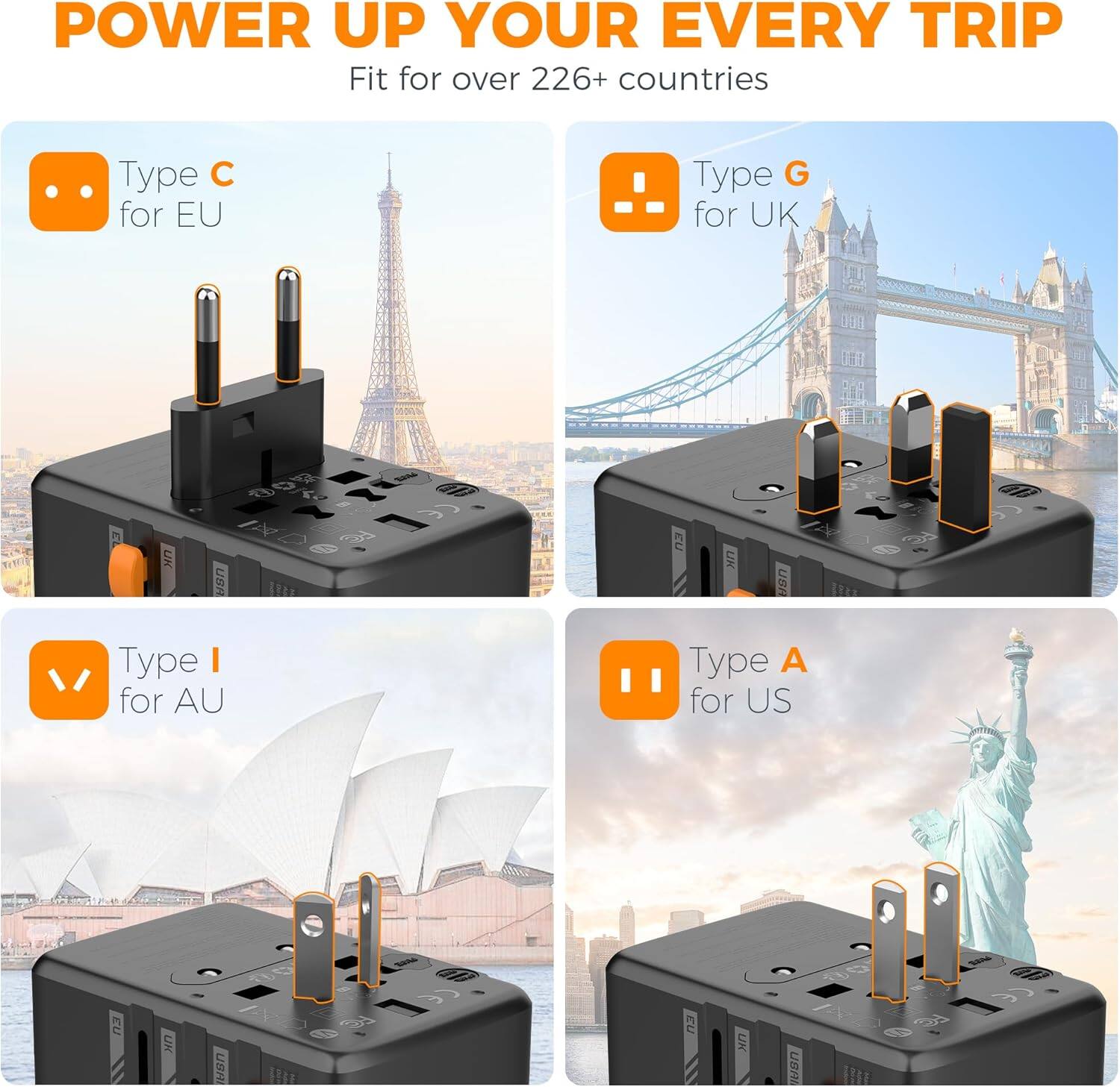POWER UP YOUR EVERY TRIP  
Fit for over 226+ countries  

Type C for EU  
Type G for UK  
Type I for AU  
Type A for US