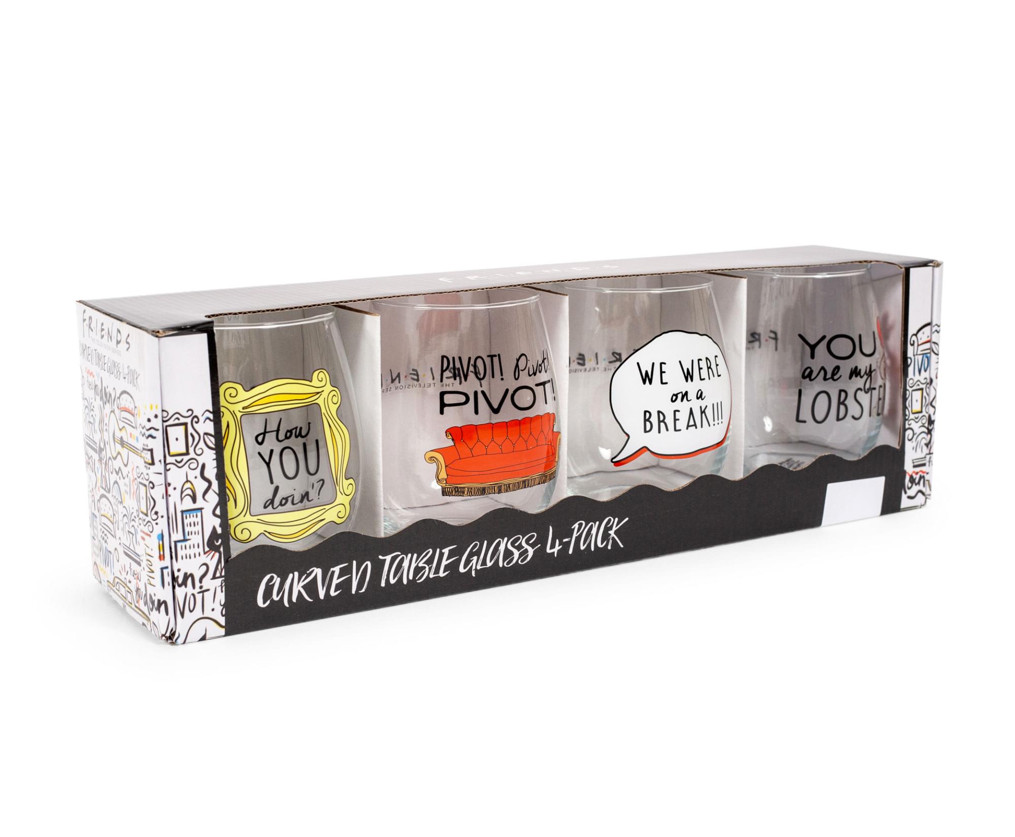 Sure, here is the corrected and grouped text from the image:

---

**Front of the Box:**

- "CURVED TONGSLE GLASS 4-PACK"

**On the Glasses:**

1. "How YOU doin?"
2. "PIVOT!"
3. "WE WERE on a BREAK!!!"
4. "YOU are my JOBSTE!"

**Additional Text on the Box:**

- "FRIENDS"
- "Pivot"
- "Fin?"
- "Vot!"
- "Pivot!"
- "Pivot!"
- "Pivot!"
- "Pivot!"
- "Pivot!"
- "Pivot!"
- "Pivot!"
- "Pivot!"
- "Pivot!"
- "Pivot!"
- "Pivot!"
- "Pivot!"
- "Pivot!"
- "Pivot!"
- "Pivot!"
- "Pivot!"
- "Pivot!"
- "Pivot!"
- "Pivot!"
- "Pivot!"
- "Pivot!"
- "Pivot!"
- "Pivot!"
- "Pivot!"
- "Pivot!"
- "Pivot!"
- "Pivot!"
- "Pivot!"
- "Pivot!"
- "Pivot!"
-