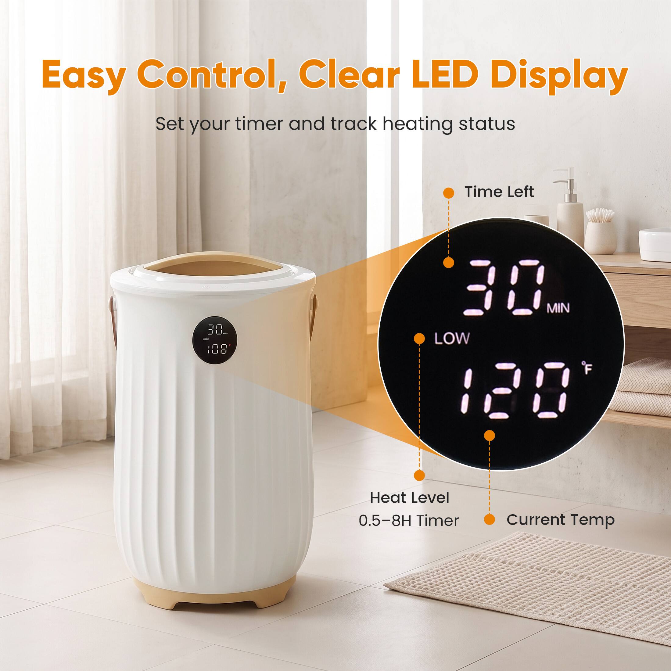 Easy Control, Clear LED Display  
Set your timer and track heating status

- Time Left: 30 MIN
- Heat Level: LOW
- 0.5–8H Timer
- Current Temp: 120°F