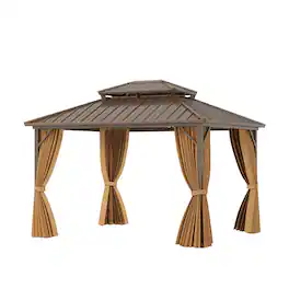 Costway - 12 X 10 FT Hardtop Gazebo with Netting Heavy-Duty Double-Roof Galvanized Metal Top - Coffee