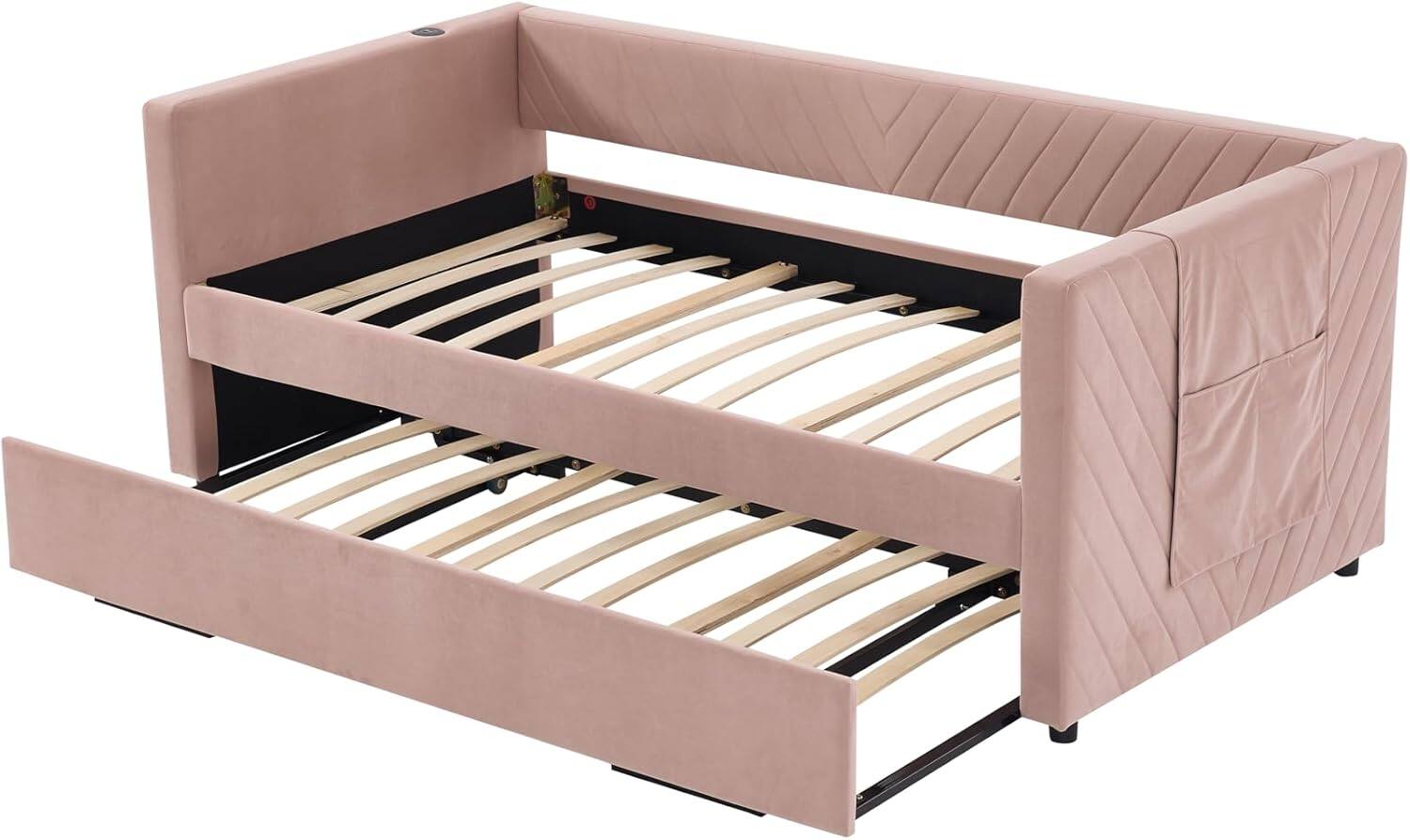 Alt View 4. Trinkets Crazed - Twin Daybed with Pop Up Trundle, Velvet Upholstered Extendable Daybed with USB Ports & Pockets - pink.