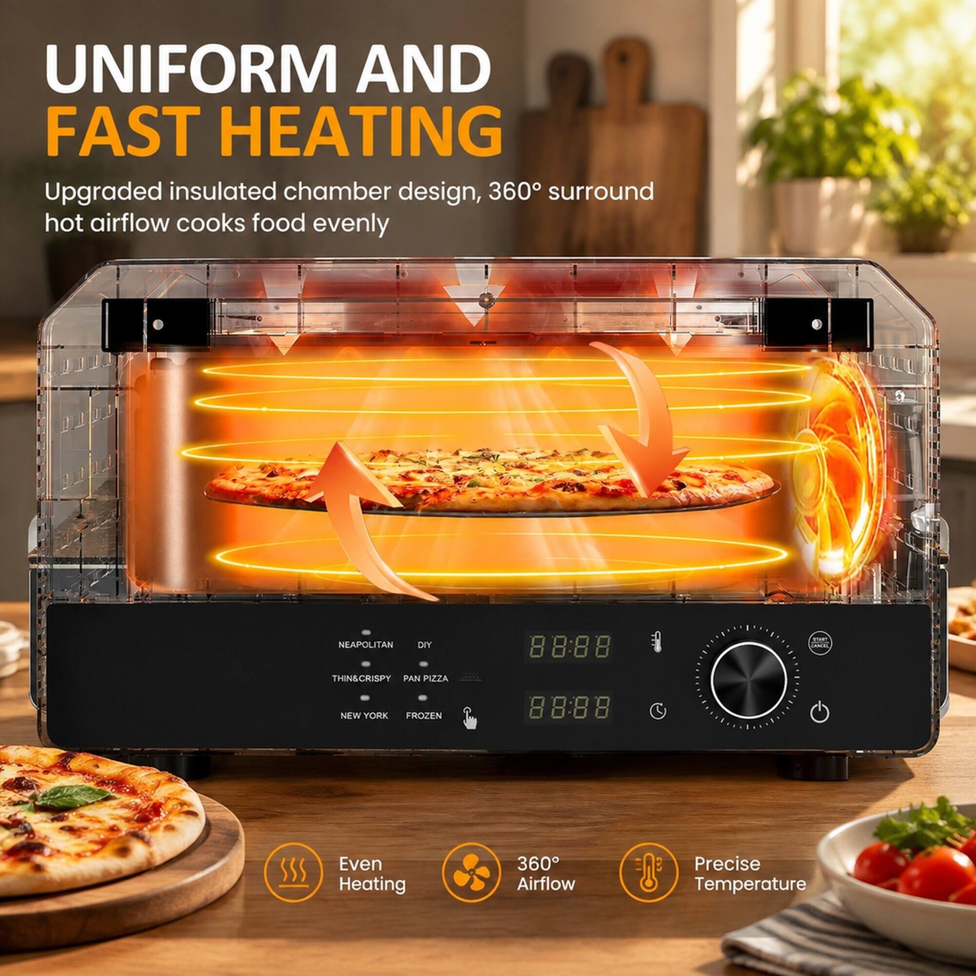 UNIFORM AND FAST HEATING  
Upgraded insulated chamber design, 360° surround hot airflow cooks food evenly

NEAPOLITAN  
DIY  
THIN&CRISPY  
PAN PIZZA  
NEW YORK  
FROZEN

Even Heating  
360° Airflow  
Precise Temperature