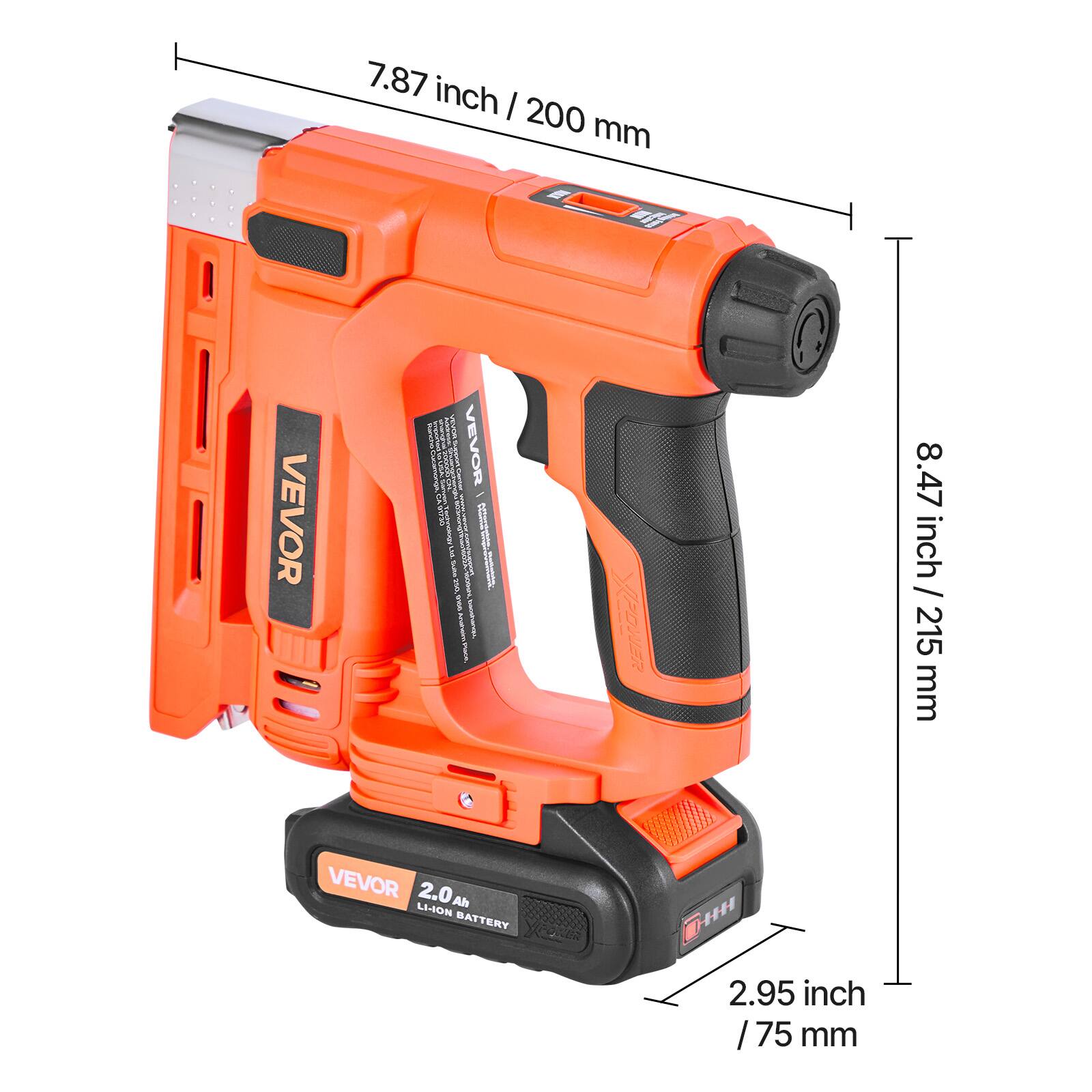 7.87 inch / 200 mm  
VEVOR 1.0  
8.47 inch / 215 mm  
VEVOR 2.0Ah Li-ION BATTERY  
2.95 inch / 75 mm
