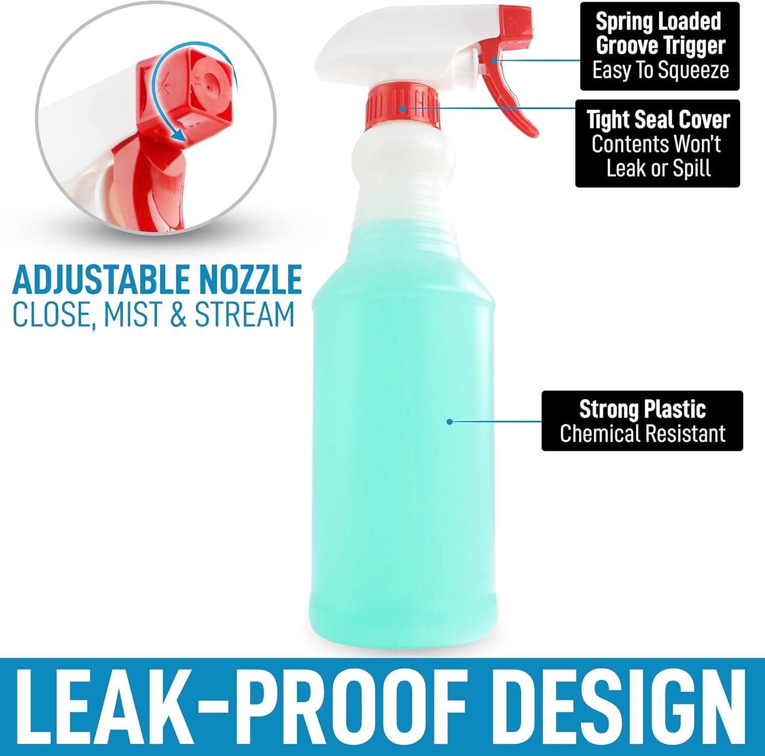 - Adjustable Nozzle: Close, Mist & Stream
- Spring Loaded Groove Trigger: Easy to Squeeze
- Tight Seal Cover: Contents Won't Leak or Spill
- Strong Plastic: Chemical Resistant
- Leak-Proof Design