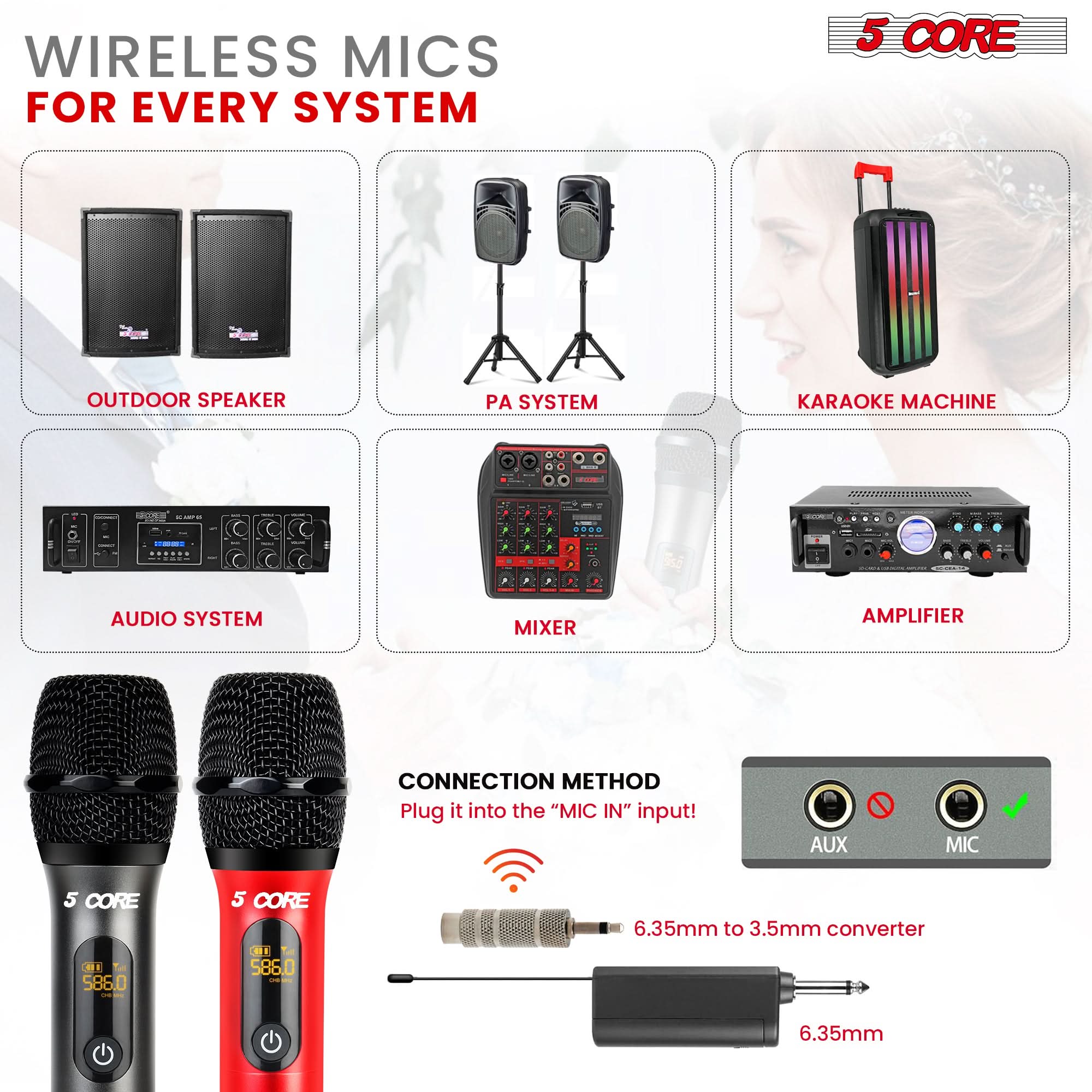WIRELESS MICS FOR EVERY SYSTEM 5 CORE OUTDOOR SPEAKER PA SYSTEM KARAOKE MACHINE AUDIO SYSTEM MIXER AMPLIFIER CONNECTION METHOD Plug it into the "MIC IN" input! AUX MIC 5 CORE 586.0 5 CORE 586.0 6.35mm to 3.5mm converter 6.35mm