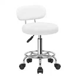 KKTONER - PU Leather Modern Rolling Stool with Low Back Height Adjustable Work Salon Swivel Chair with Footrest - White