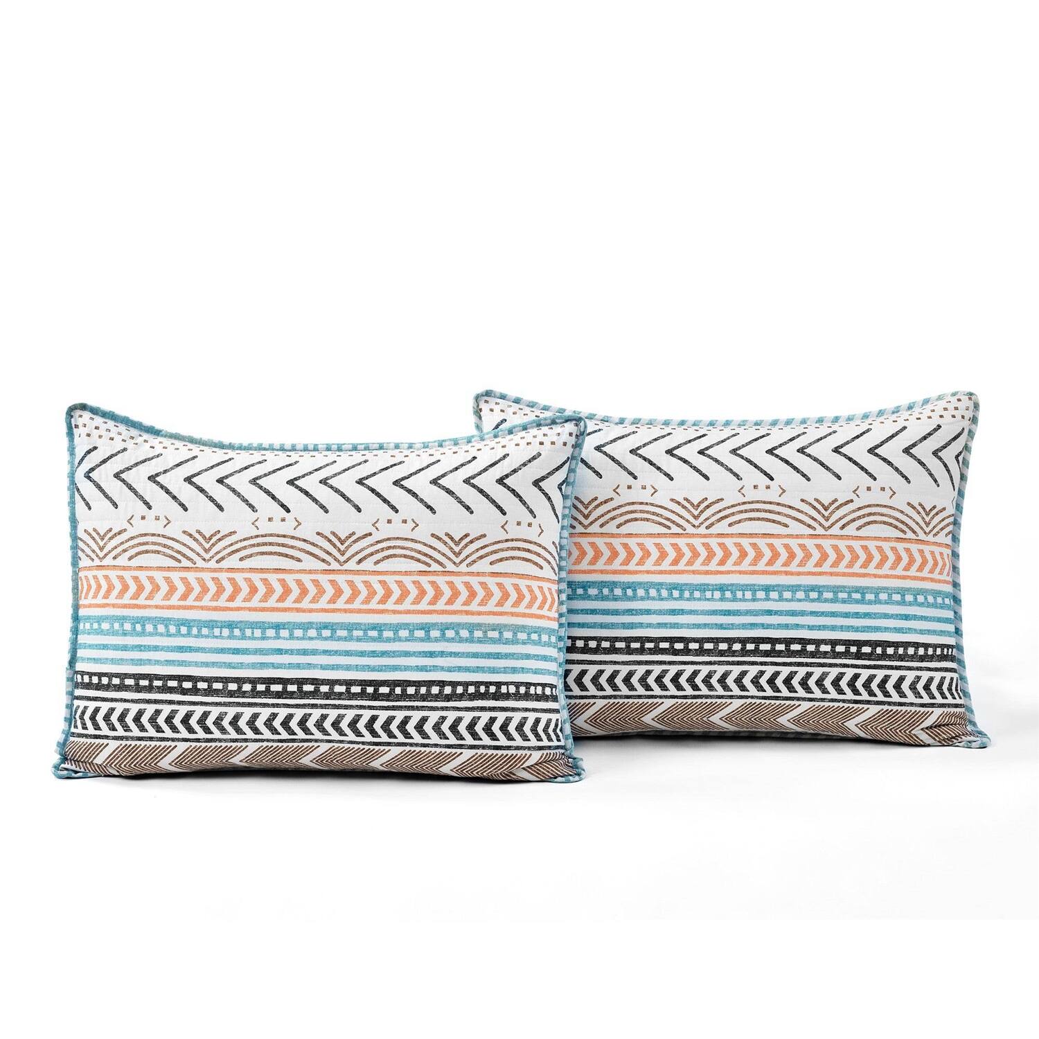 Alt View 1. Hivvago - Full/Queen Scandinavian Chevron Teal White Orange Reversible Cotton Quilt Set - White Orange.