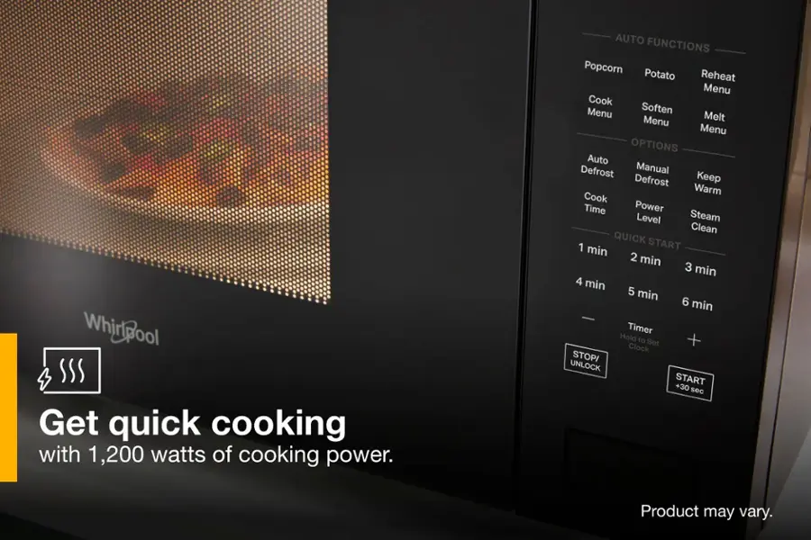 Whirlpool Get quick cooking with 1,200 watts of cooking power. Auto Functions: Popcorn, Potato, Reheat, Menu, Cook, Menu, Soften Menu, Melt Menu. Options: Auto Defrost, Manual Defrost, Keep Warm, Cook Time, Power Level, Steam Clean, Quick Start, 1 min, 2 min, 3 min, 4 min, 5 min, 6 min, Timer, Hold to + Set Clock, STOP/UNLOCK, START +30 sec. Product may vary.