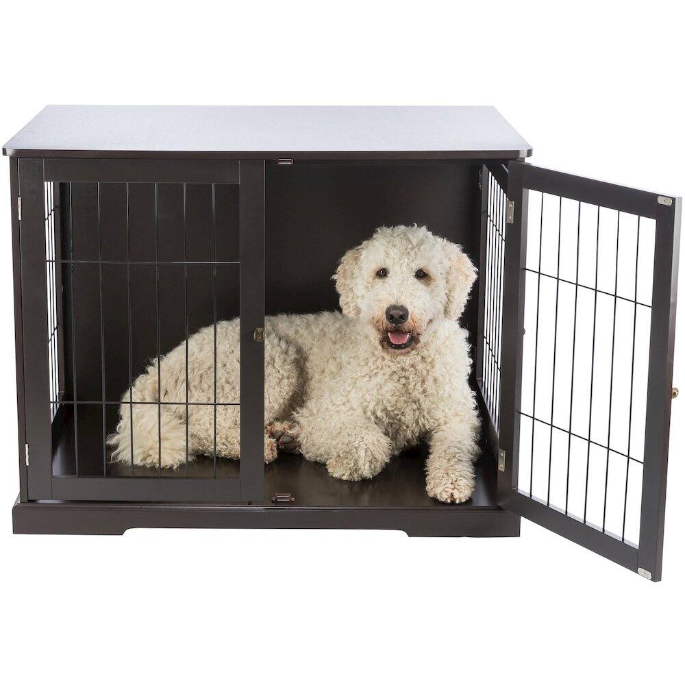 Left. TRIXIE - Dog Crate, Wooden Indoor Kennel Furniture for Dogs Up to 66 lb - Espresso Brown.