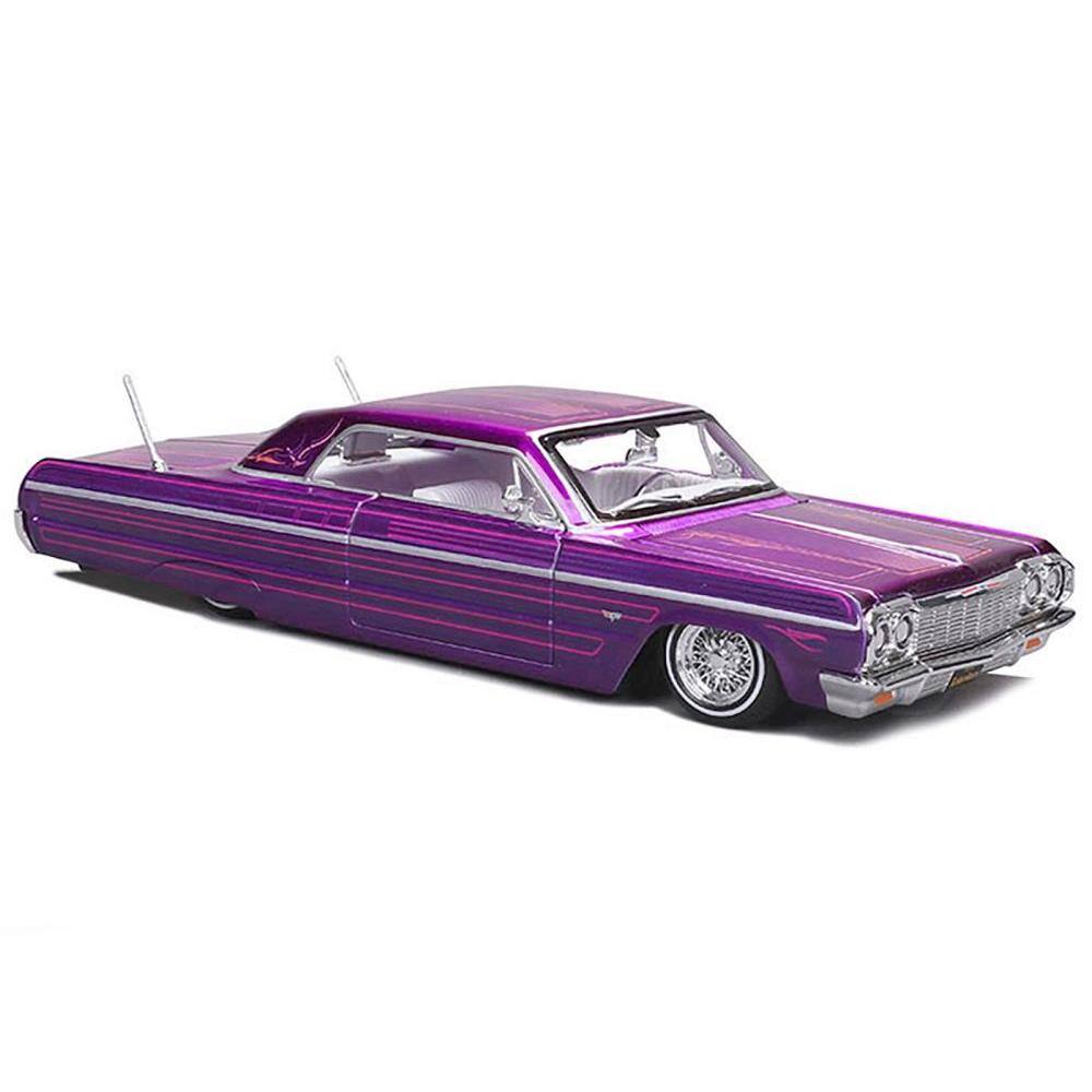 Back. Maisto - 1964 Chevrolet Impala SS Lowrider Candy Purple with Graphics and White Interior "Lowriders" "Maisto Design" Series 1/26 - Purple.