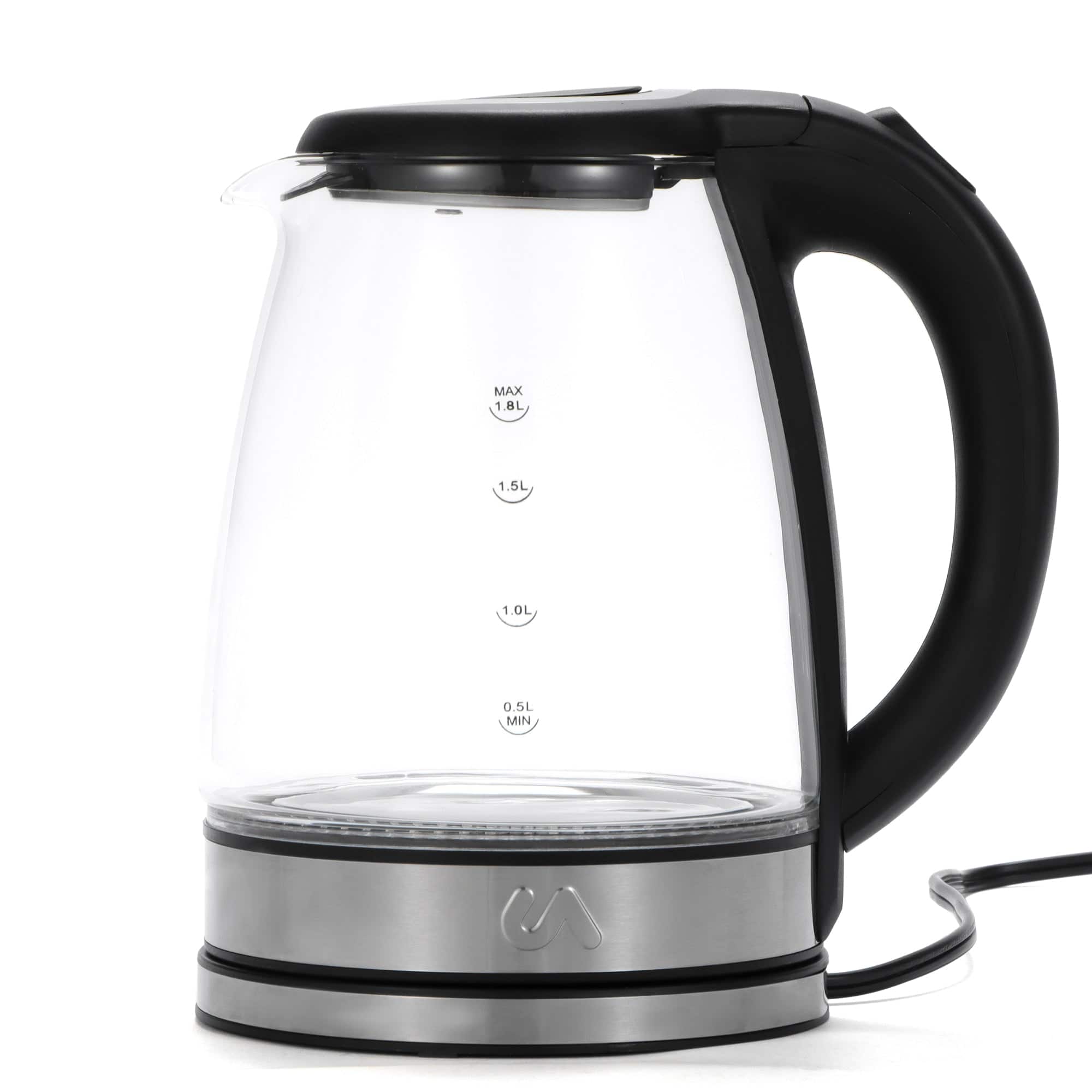 Uber Appliance - 1.8L Glass and Stainless Steel Electric Tea Kettle - Fast Boiling Water Heater - Black with Stainless Steel Accent