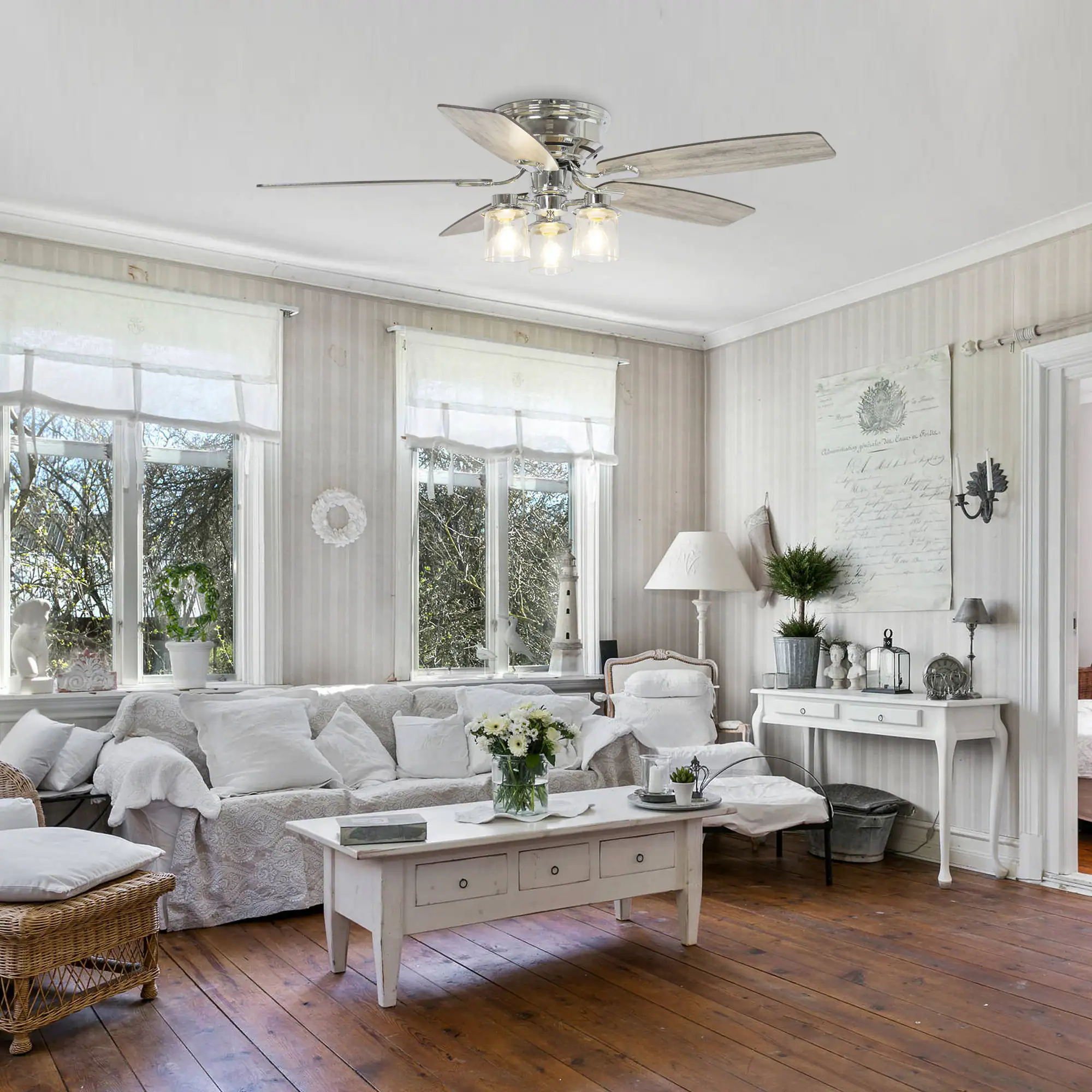 Left. Parrot Uncle - 52" Modern 5-Blade Ceiling Fan with Remote Control - chrome.