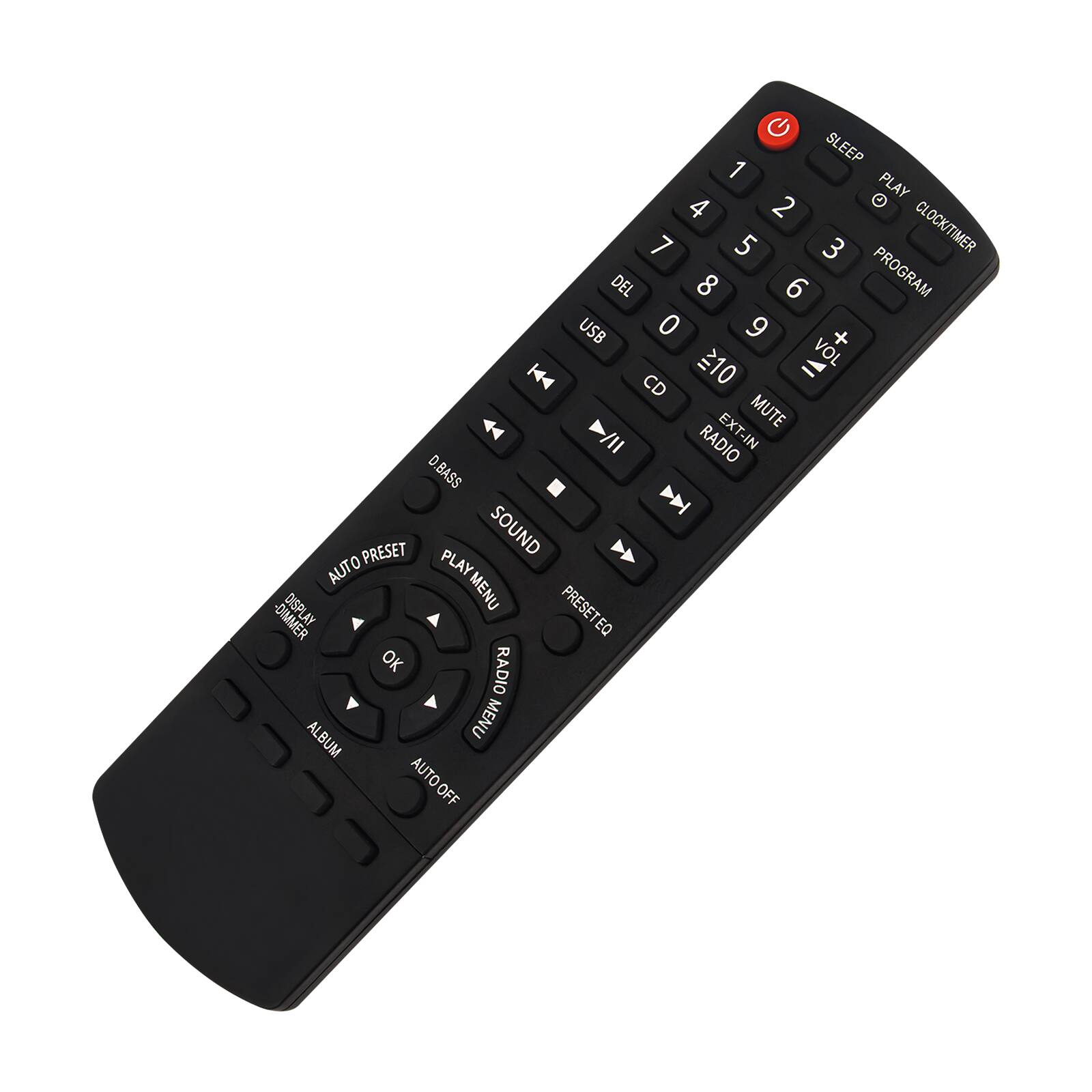 Sure, here is the corrected and grouped text from the image:

**Top Row:**
- SLEEP
- PLAY
- CLOCK/TIMER
- PROGRAM

**Number Pad:**
- 1
- 2
- 3
- 4
- 5
- 6
- 7
- 8
- 9
- 0
- DEL
- USB
- VOL
- MUTE
- EXT-IN
- RADIO

**Middle Row:**
- CD
- PRESET
- EQ
- OK
- AUTO OFF

**Bottom Row:**
- PRESET
- SOUND
- D.BASS
- DIMMER
- LAY
- PLAY MENU
- RADIO MENU
- ALBUM
- AUTO PRESET

**Additional:**
- K4
- I
- >/II