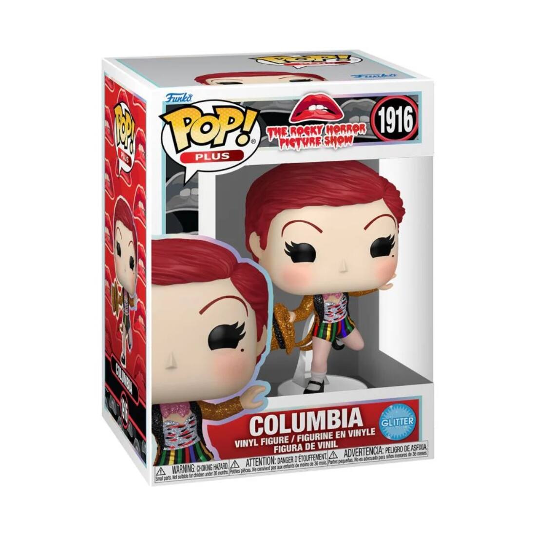 Sure, here is the corrected and grouped text from the image:

---

**Funko POP! PLUS**

**THE ROCKY HORROR PICTURE SHOW**

**1916**

**COLUMBIA**

**VINYL FIGURE / FIGURINE EN VINYLE / FIGURA DE VINIL**

**GLITTER**

**WARNING: CHOKING HAZARD - Small parts. Not for children under 3 years.**

**ADVERTENCIA: PELIGRO DE ASFIXIA - Pequeñas piezas. No es adecuado para menores de 3 años.**

**ATTENTION: RISQUE DE NOYADE - Petites pièces. Ne convient pas aux enfants de moins de 3 ans.**

---

This text is organized to reflect the information on the packaging.
