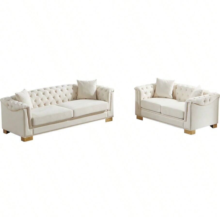 Alt View 3. Trinkets Crazed - 2 Pieces Living Room Sofa Set, Chesterfield Loveseat And 3 Seater Sofa, Mid Century Modern Velvet Cloud Sofas - Beige.