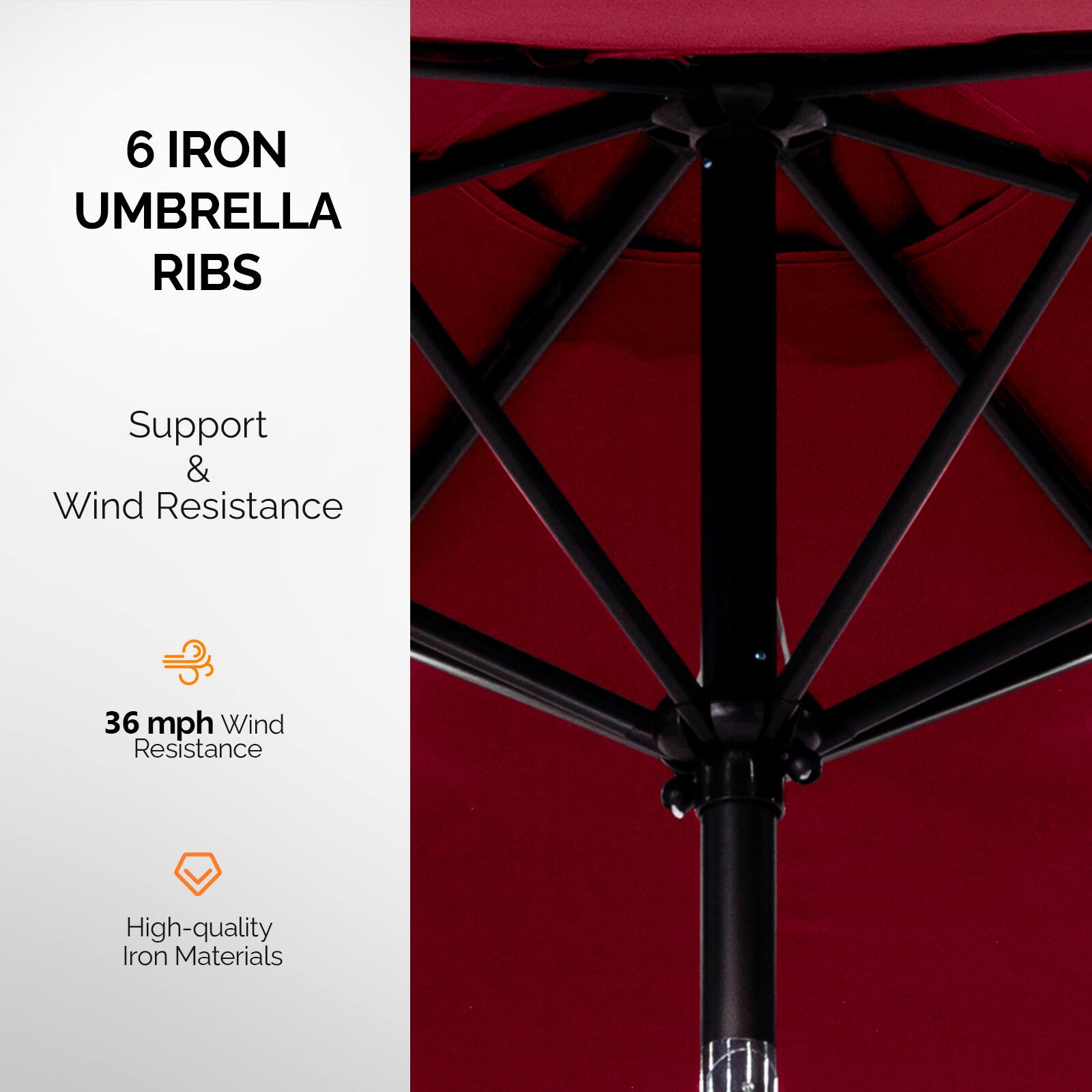 6 IRON UMBRELLA RIBS  
Support & Wind Resistance  
36 mph Wind Resistance  
High-quality Iron Materials