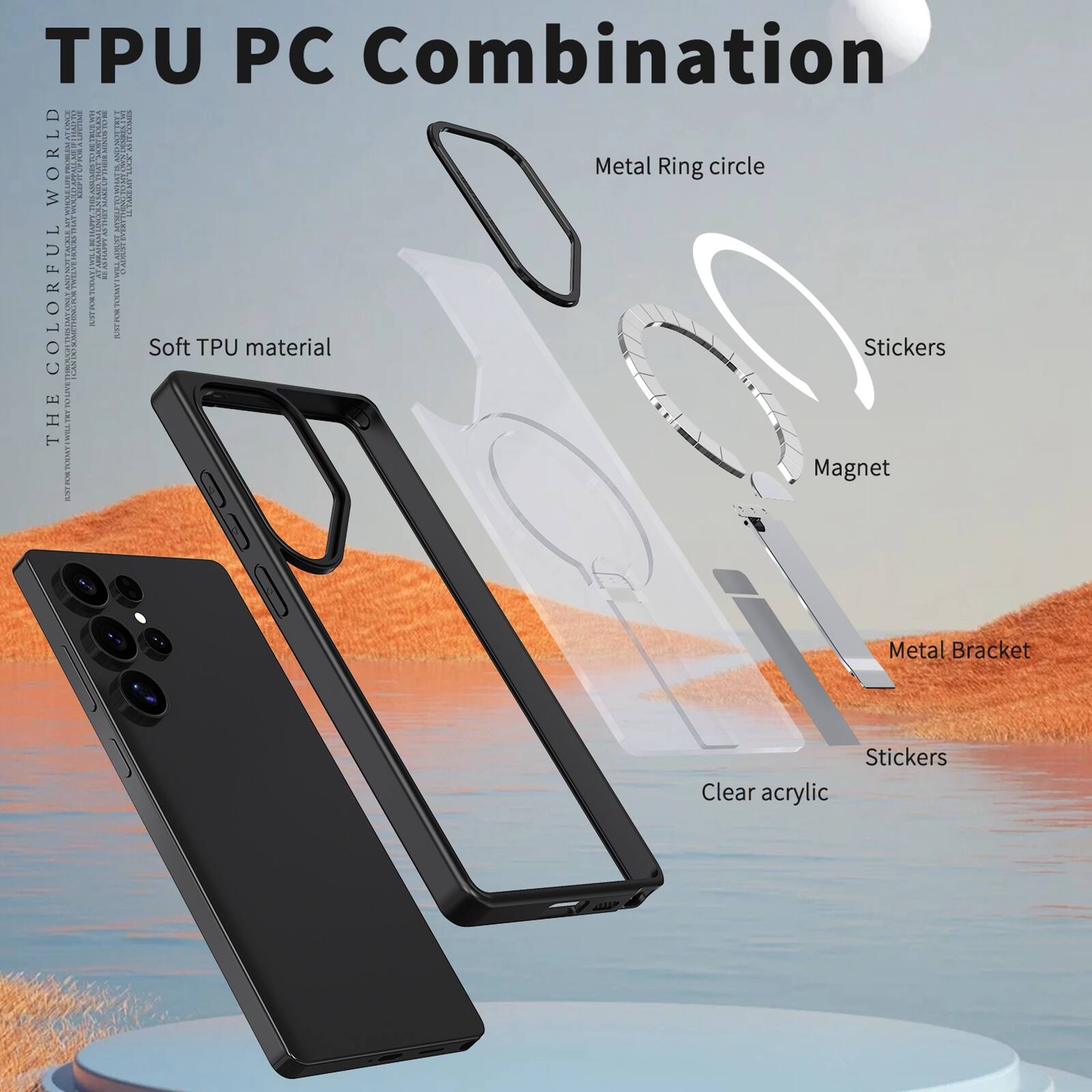TPU PC Combination WORLD W Metal Ring circle  
THE COLORFUL THE E ALUTHA 13/54 Soft TPU material Stickers T Magnet  
Metal Bracket  
Stickers Clear acrylic